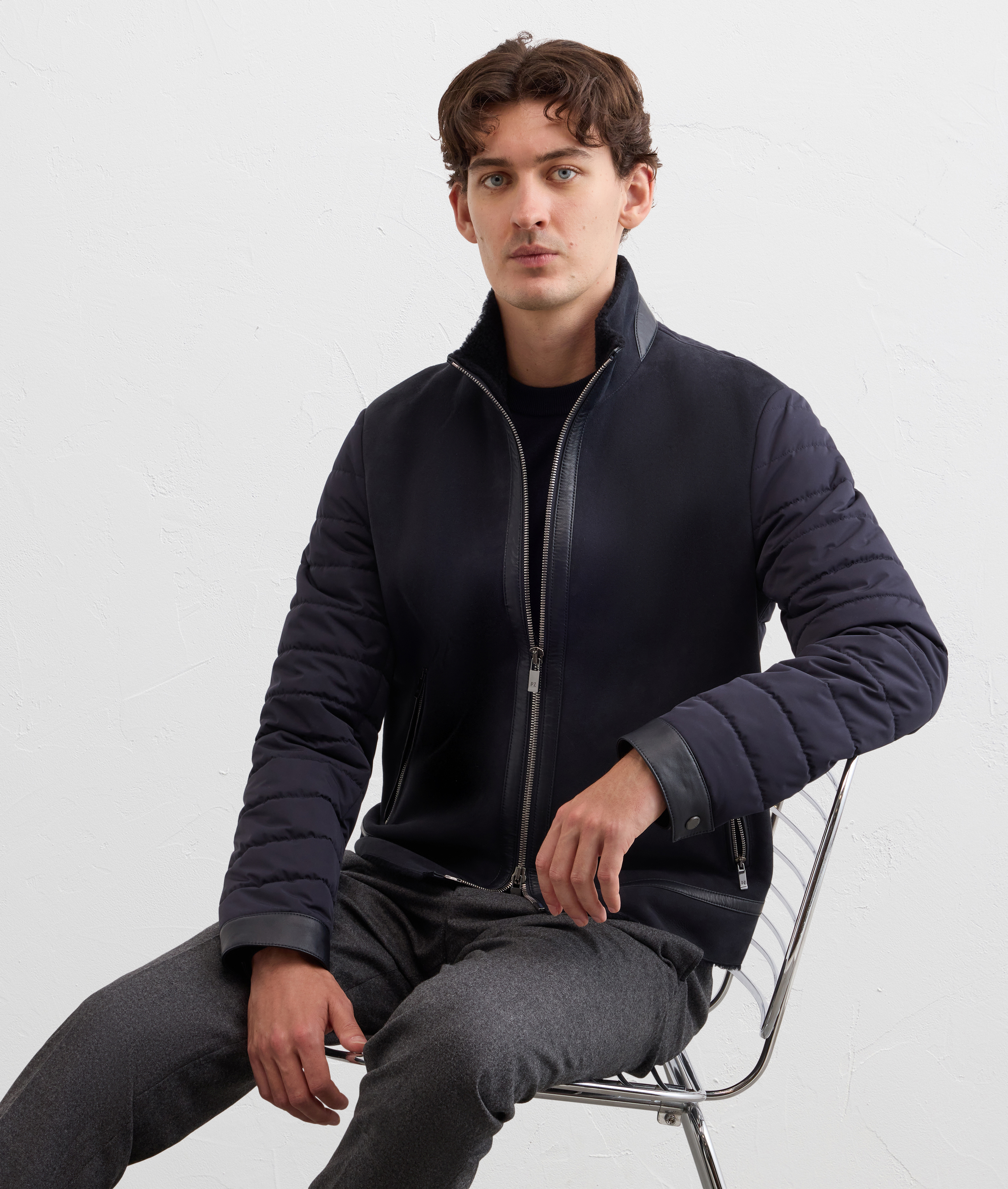 blouson bimateriale in pura pelle d'agnello e poliestere blu navy