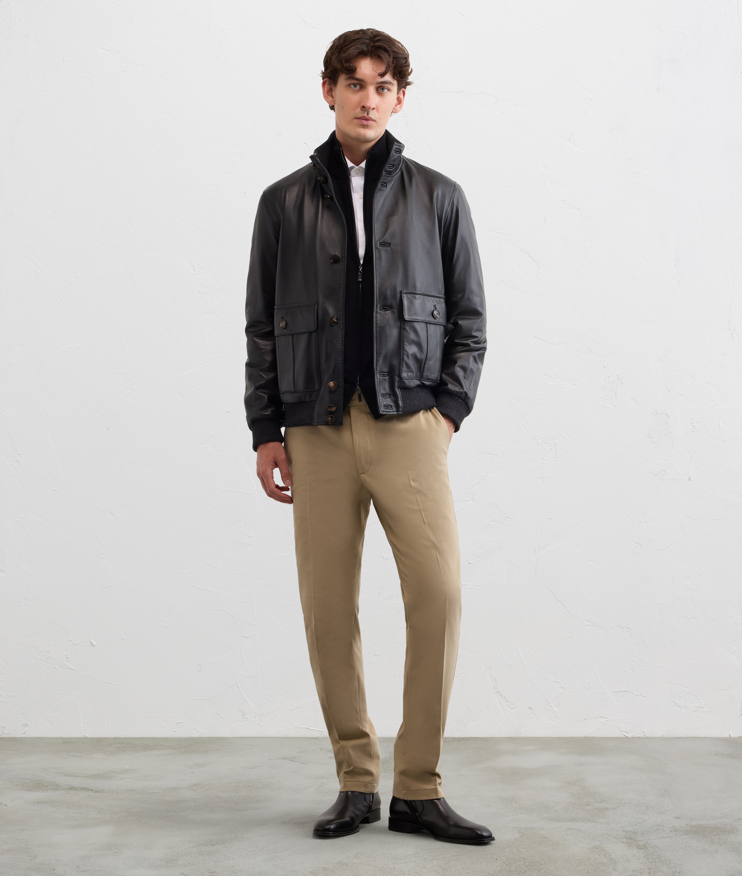 blouson bomber in pura pelle d'agnello e lana super 130s nero
