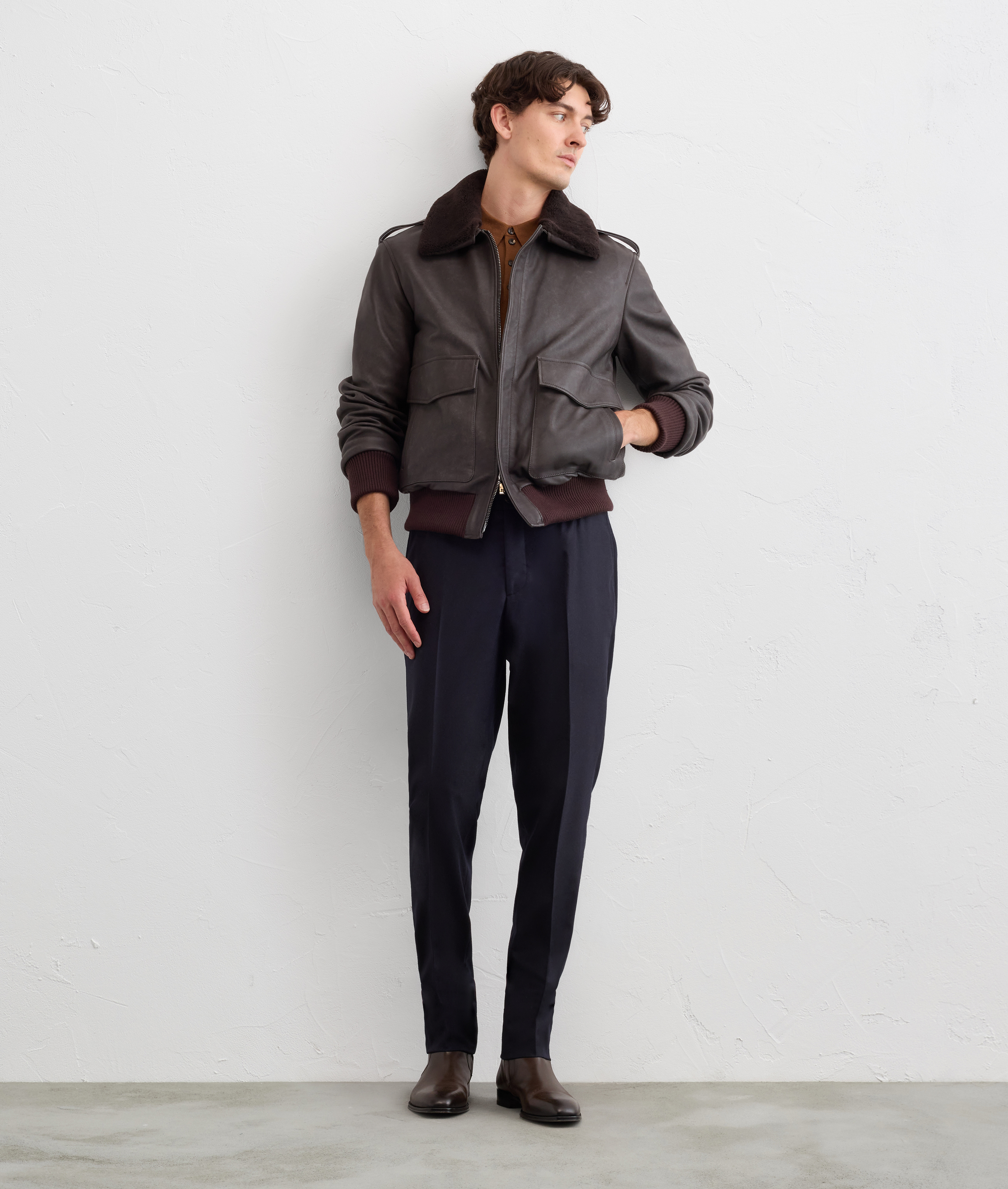 blouson aviator in pura pelle d'agnello con collo in shearling grigio scuro
