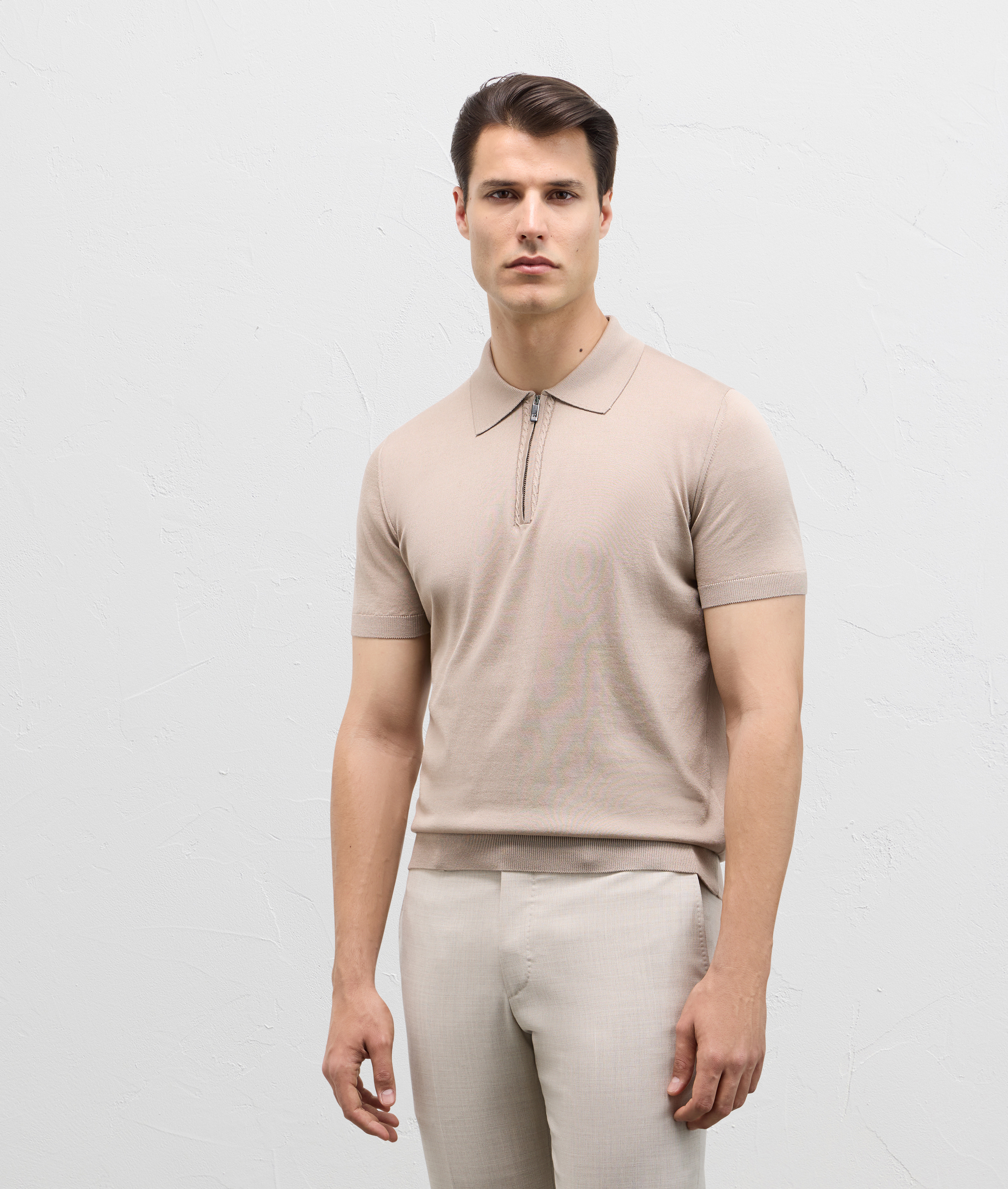 Knit Polo With Zip In Silk And Cotton Light Brown Pal Zileri
