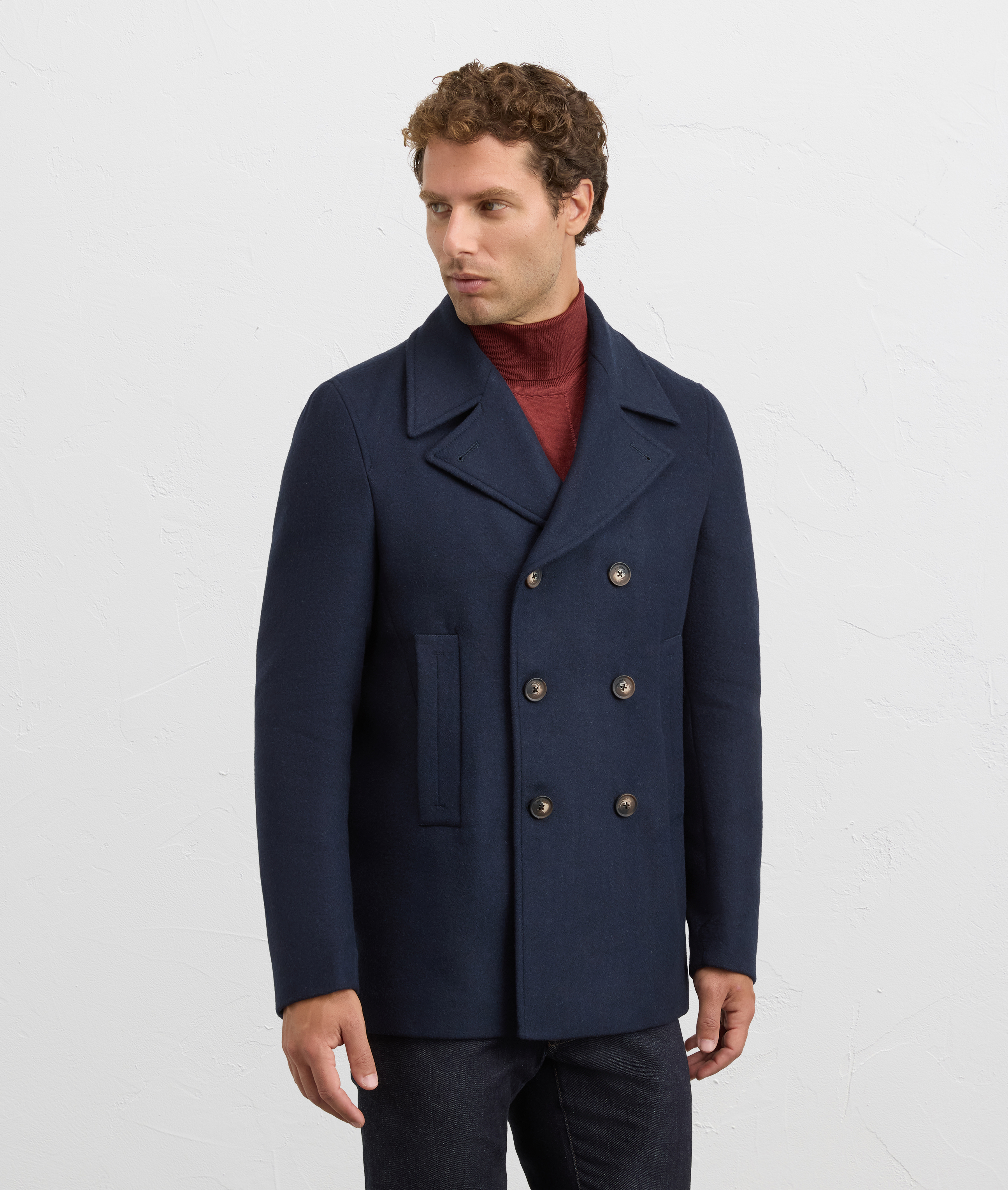 navy blue double breasted pea coat fully lined with flap pockets