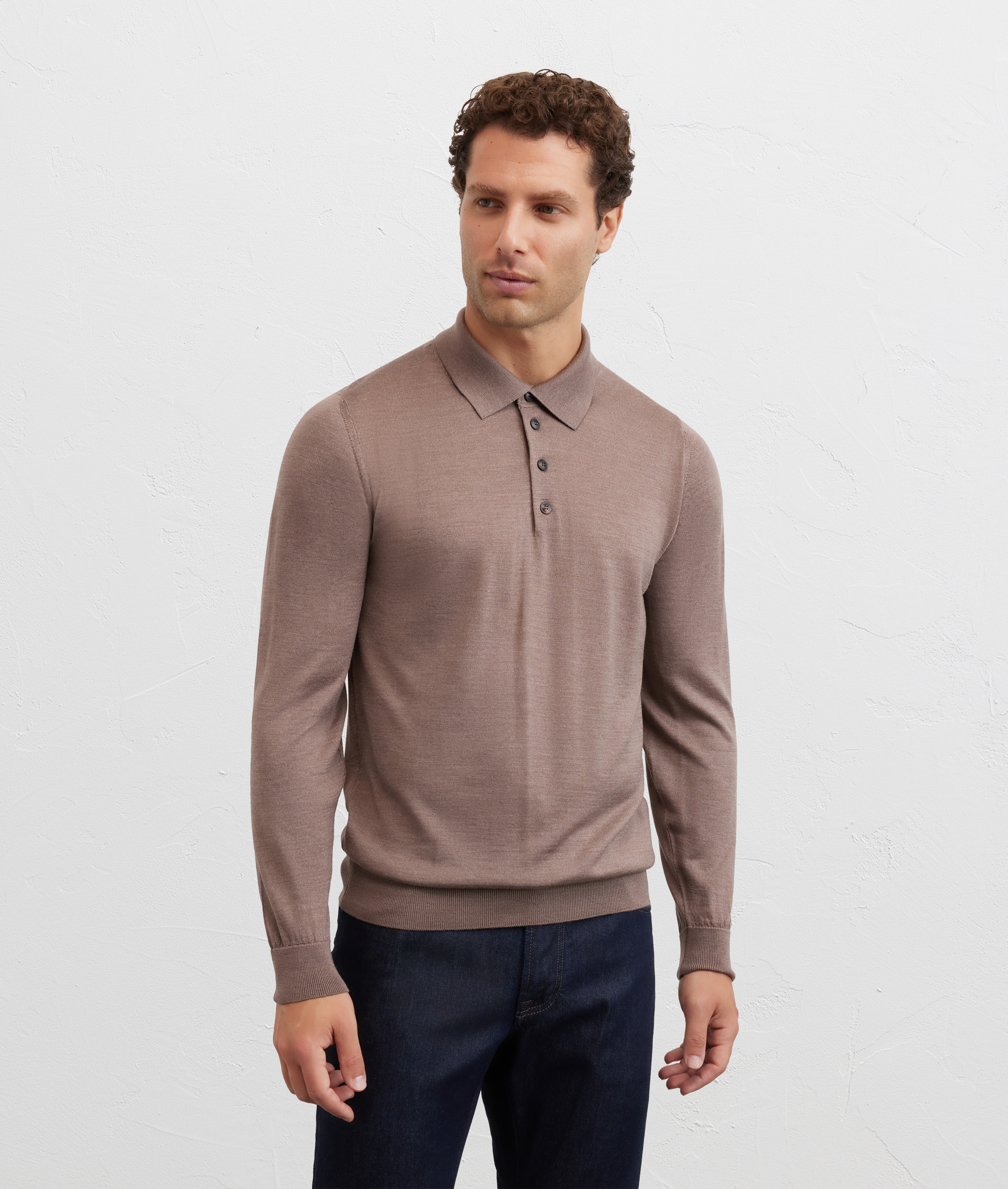 light brown silk and wool regular fit long sleeve polo Pal Zileri