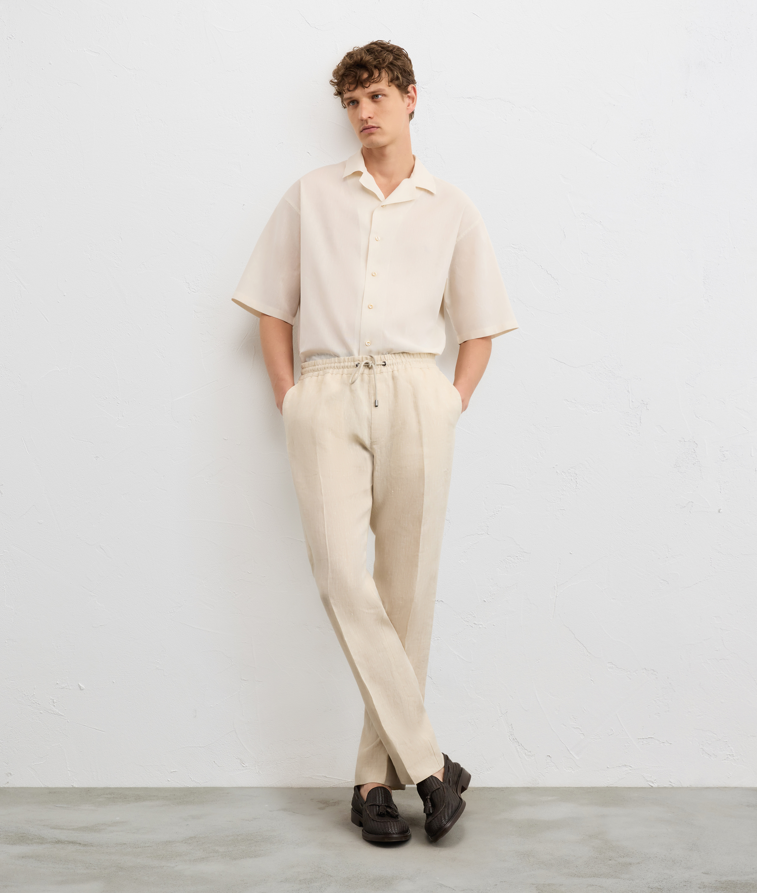 natural colored flamed linen drawstring trousers Pal Zileri | Shop