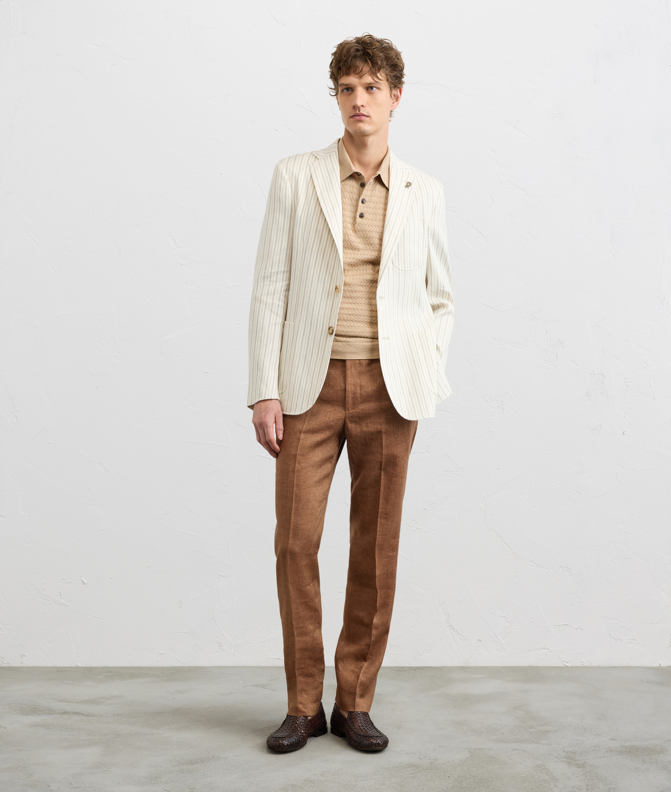 natural colored striped linen and cotton brera line unlined jacket