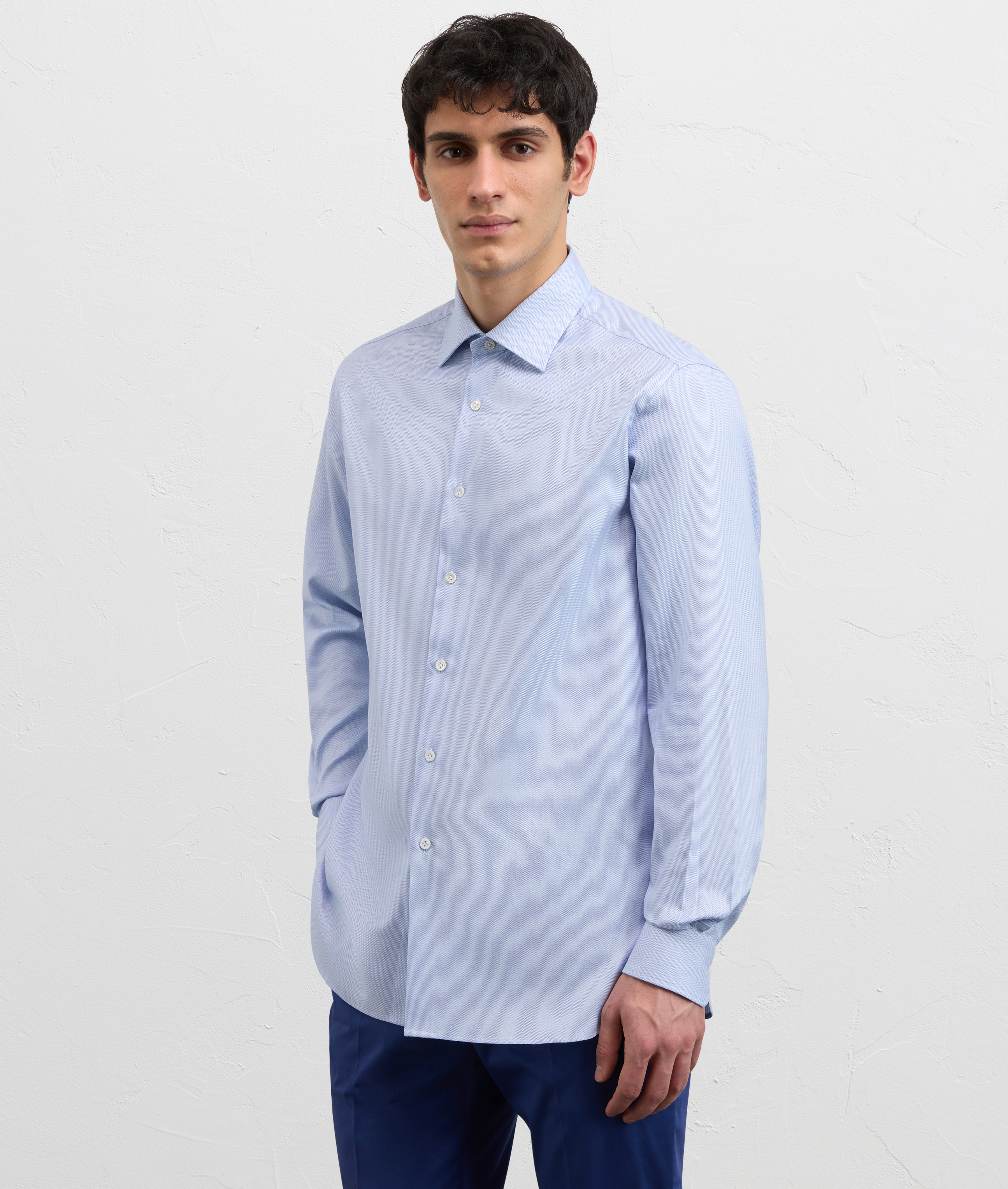 light blue cotton jacquard shirt with milano collar and standard