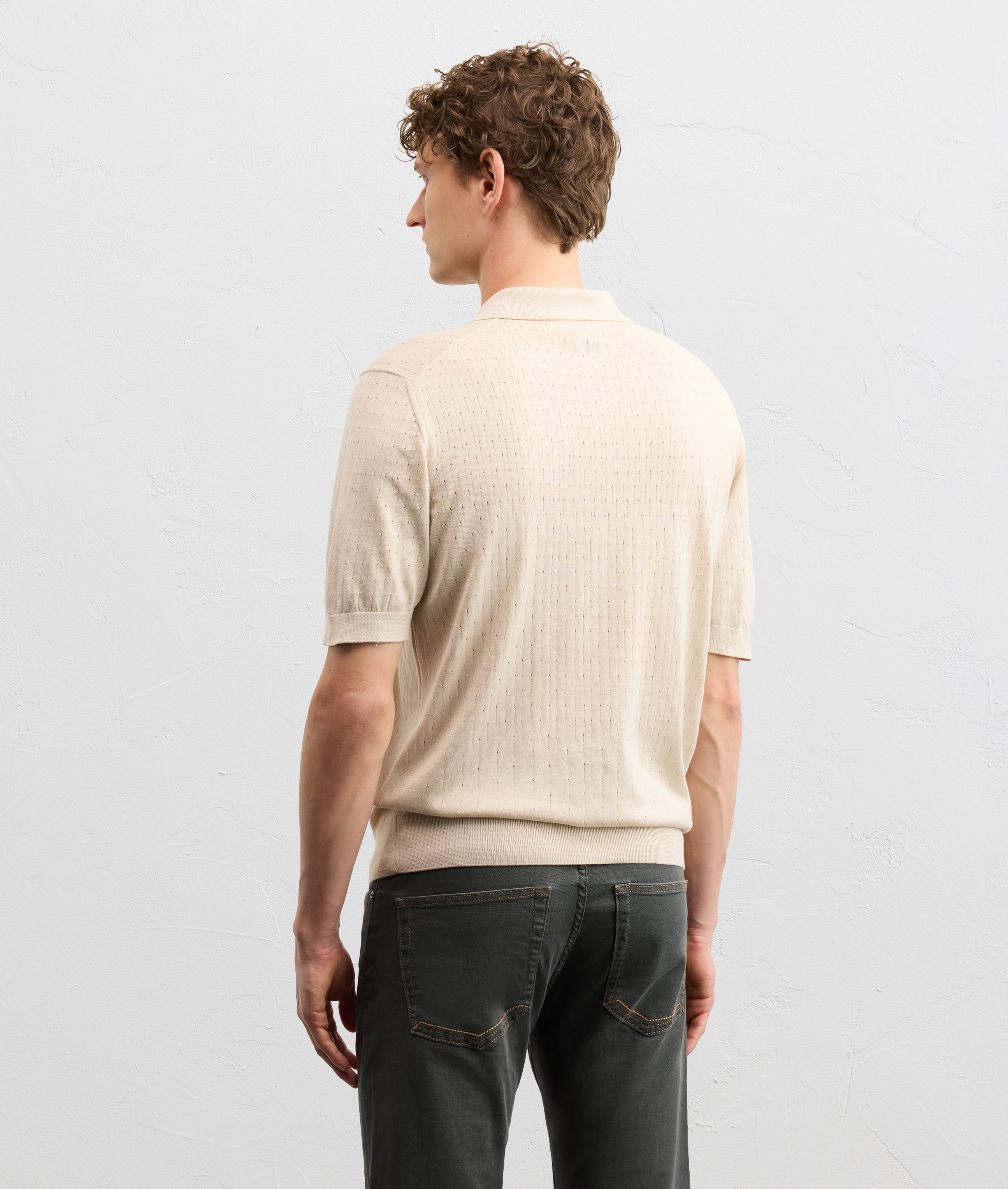 natural colored cotton knit short sleeved polo shirt with buttons 