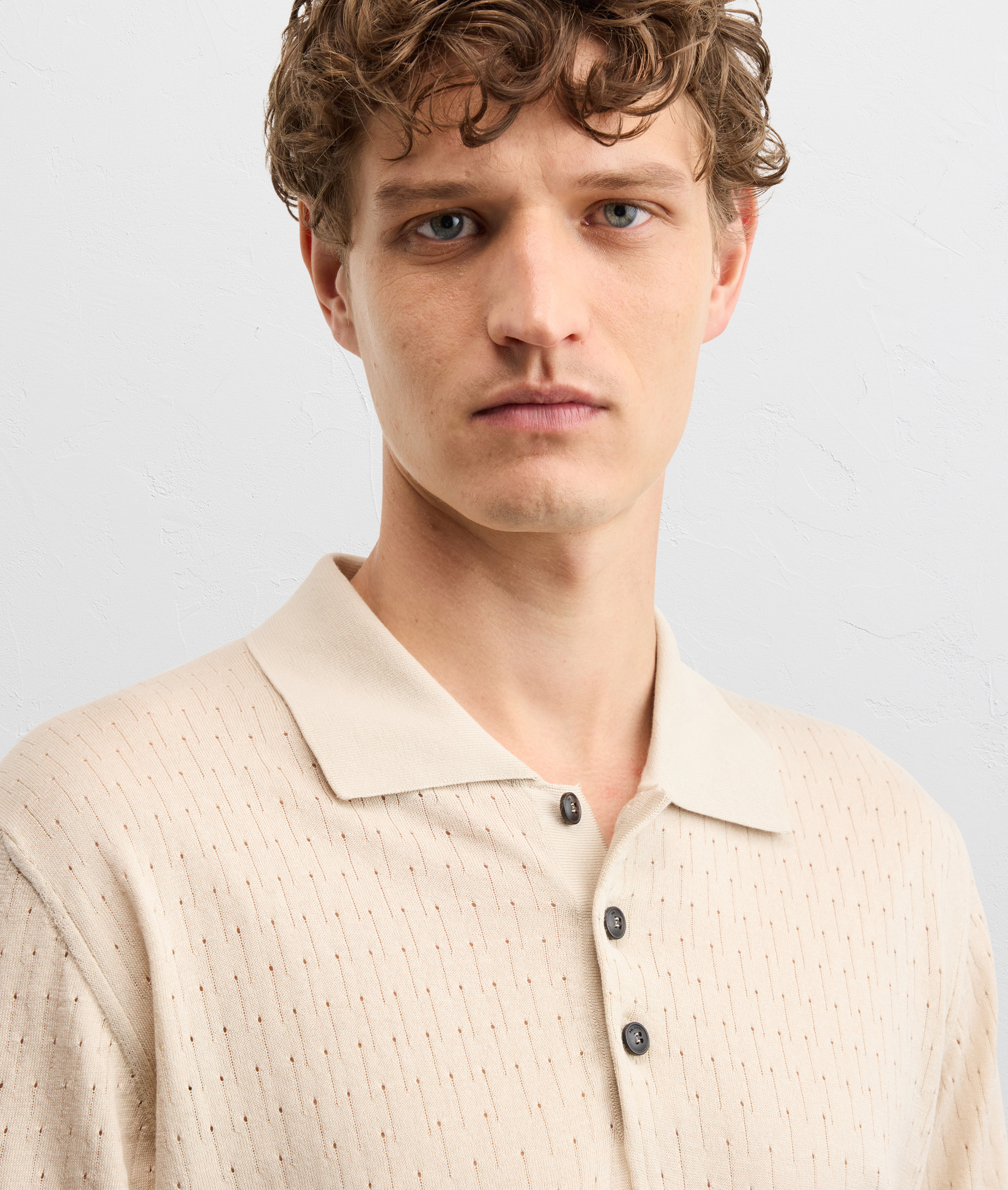 natural colored cotton knit short sleeved polo shirt with buttons 