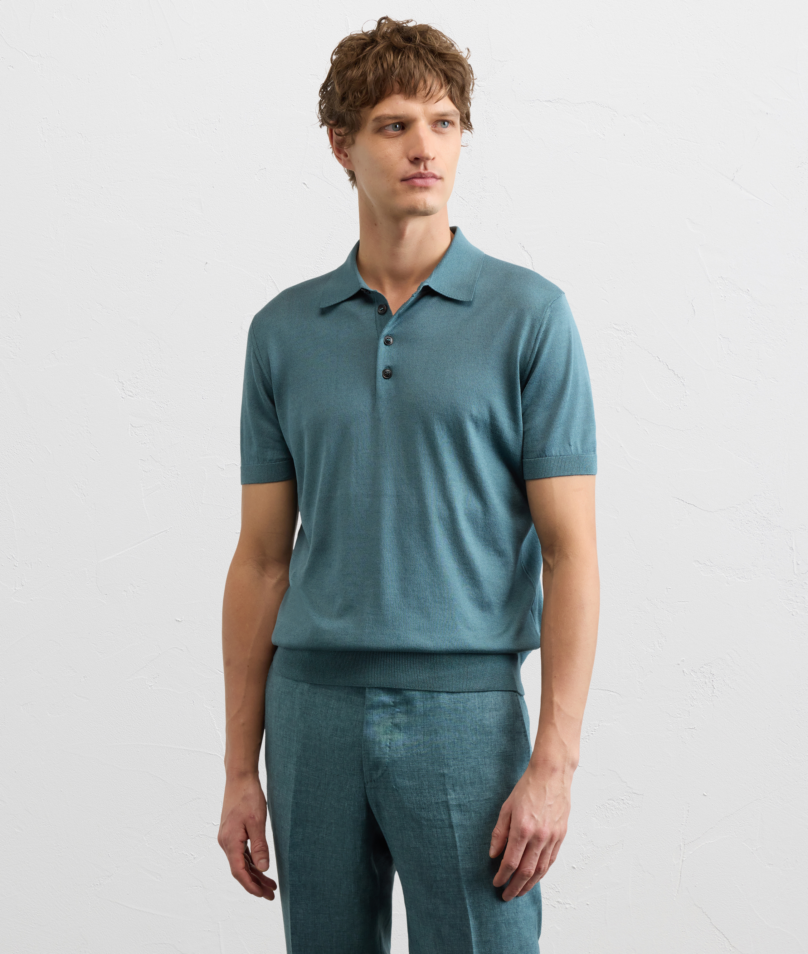 teal blue silk and cotton short sleeved polo shirt Pal Zileri