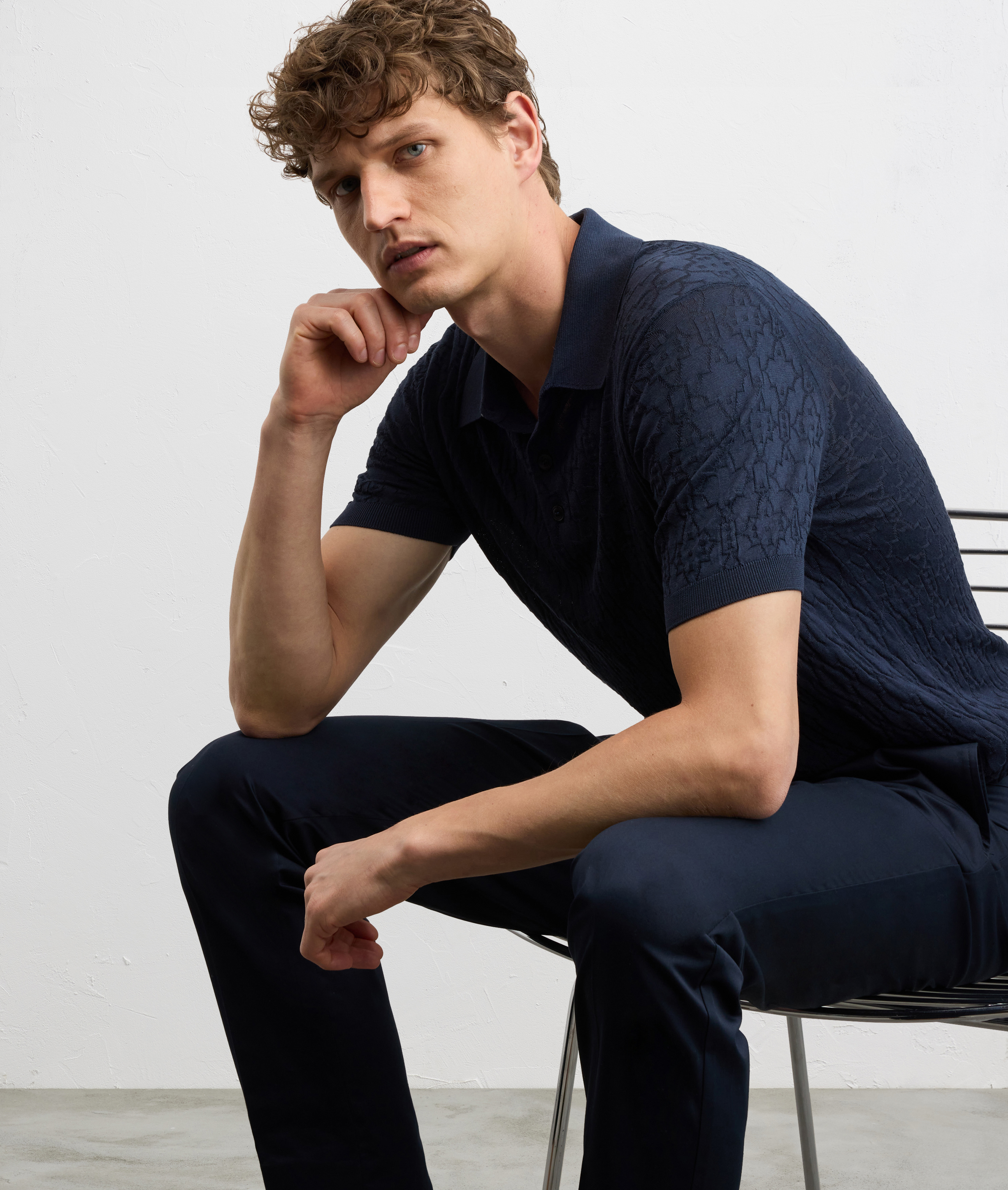 navy blue silk and cotton knitted short sleeved polo shirt with