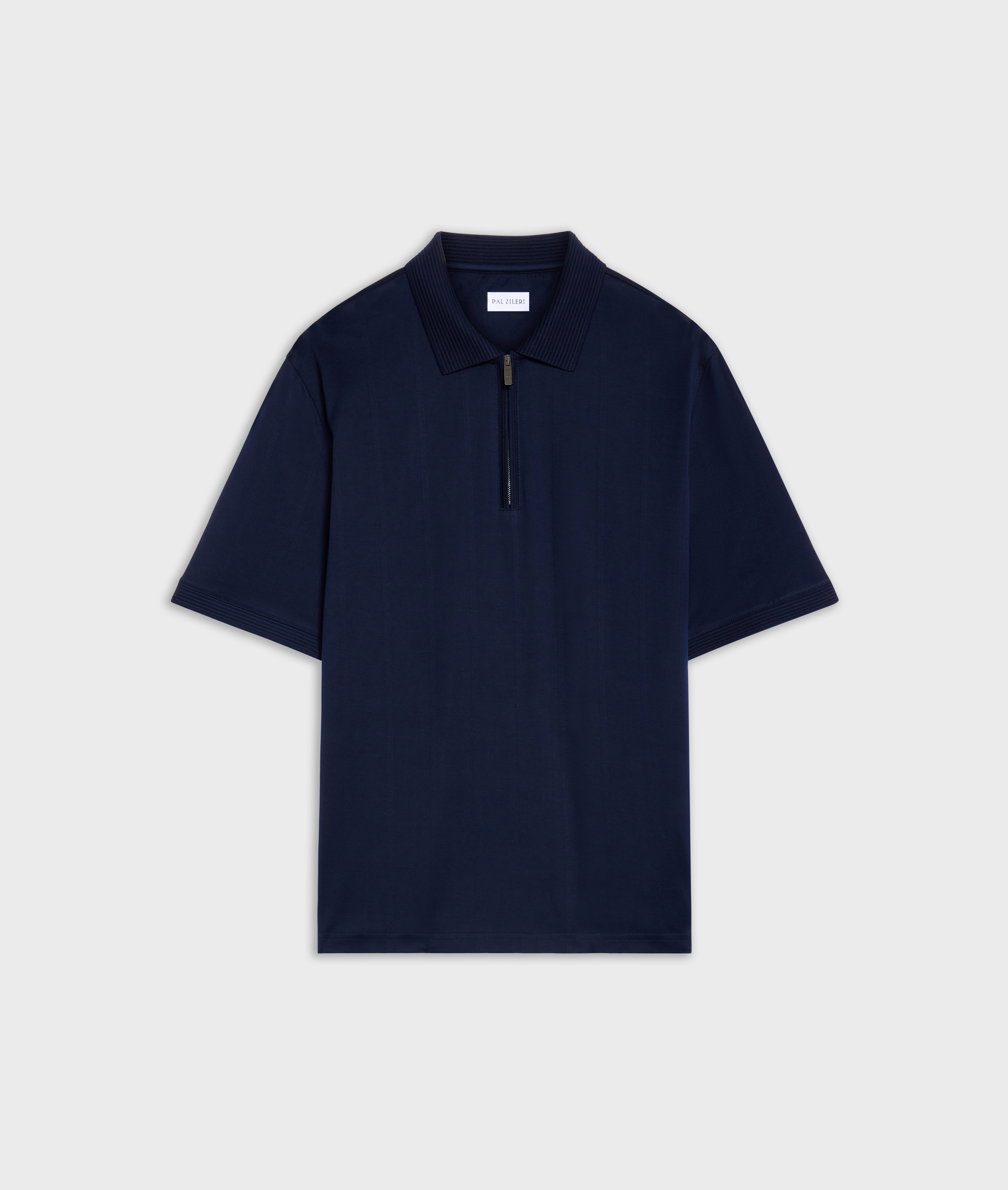 navy blue cotton jersey polo shirt with zip and ottoman collar and