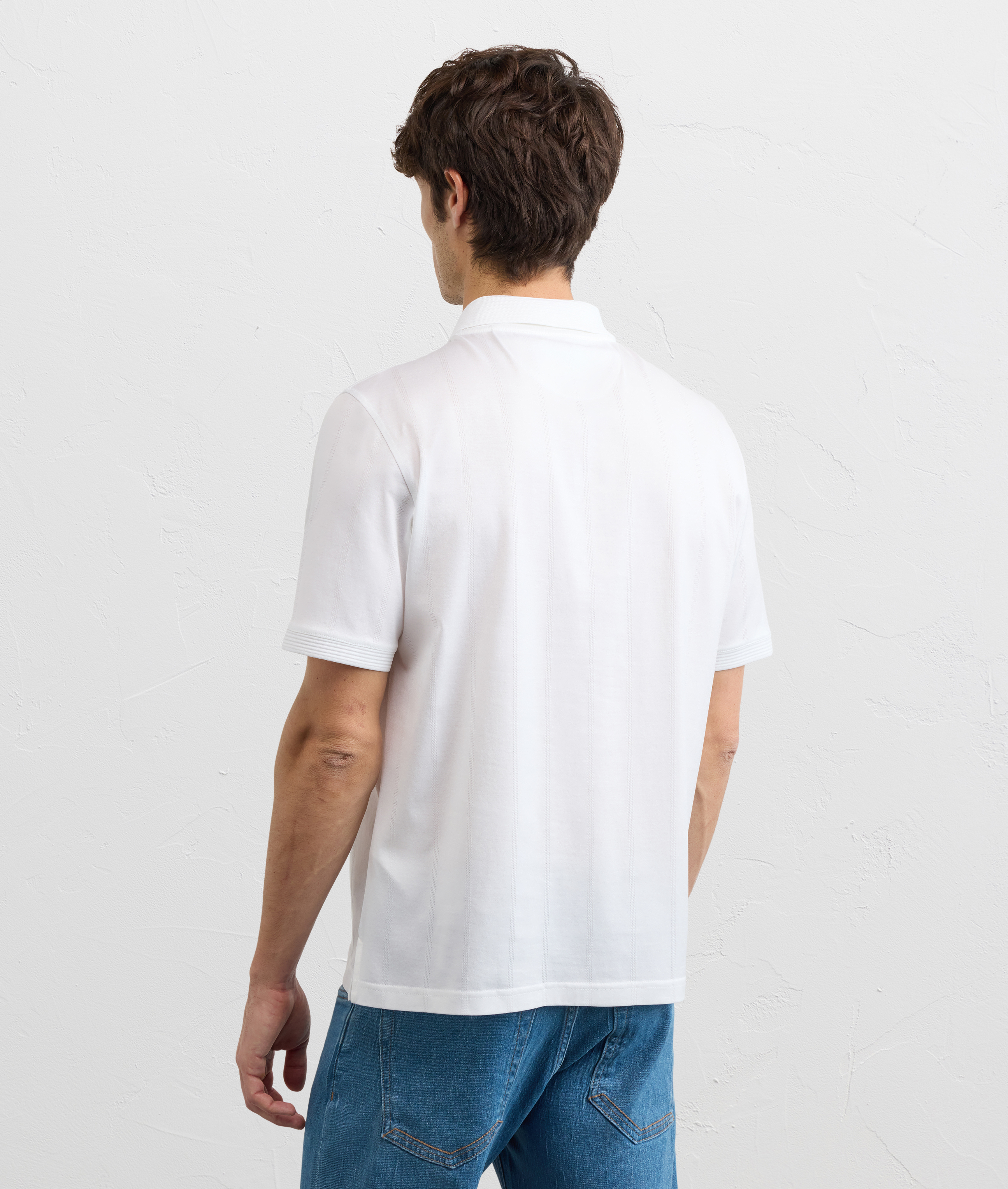 white cotton jersey polo shirt with zip and ottoman collar and