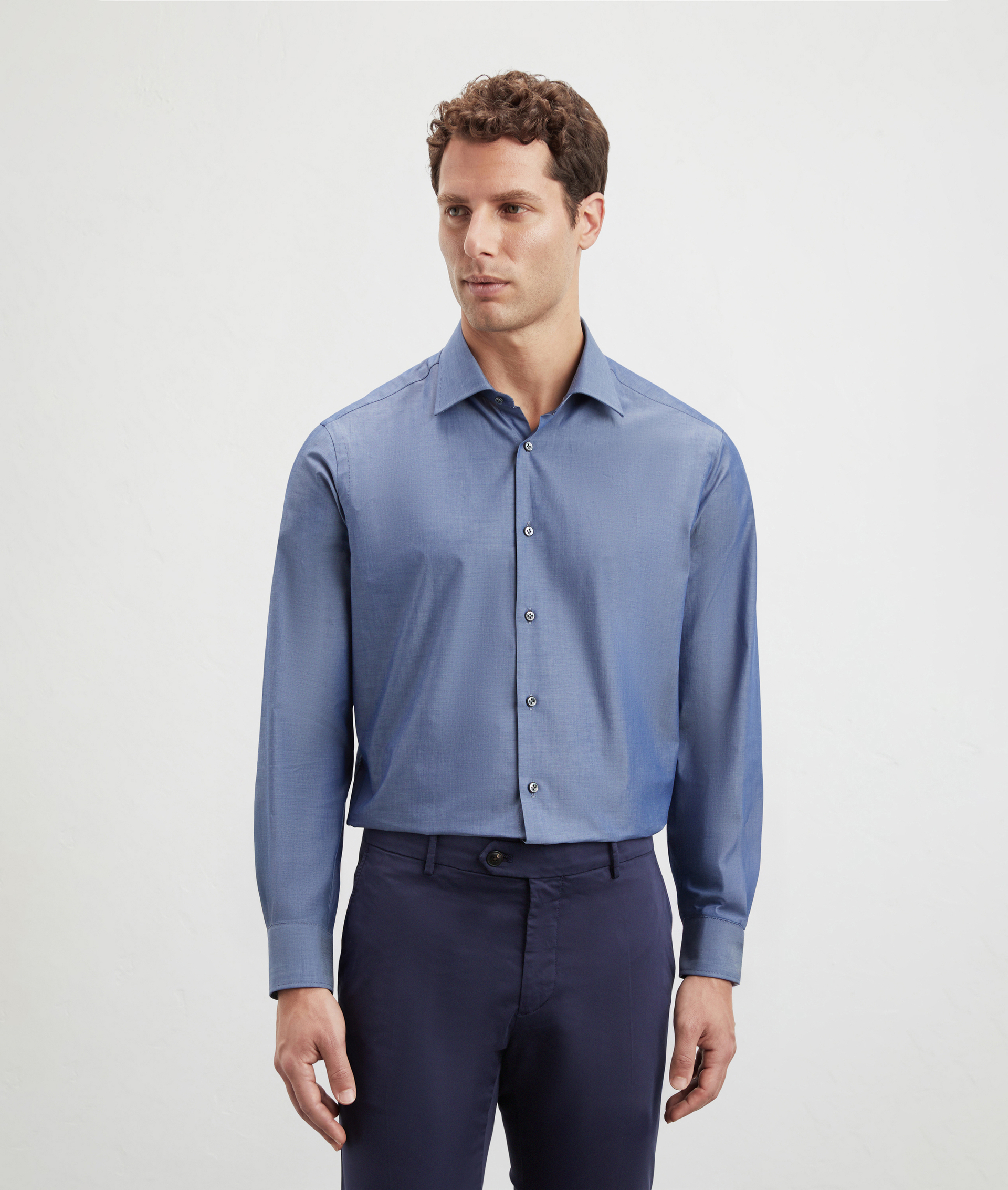 Shirt In Pure Cotton Chambray Milano Collar Blue | Pal Zileri