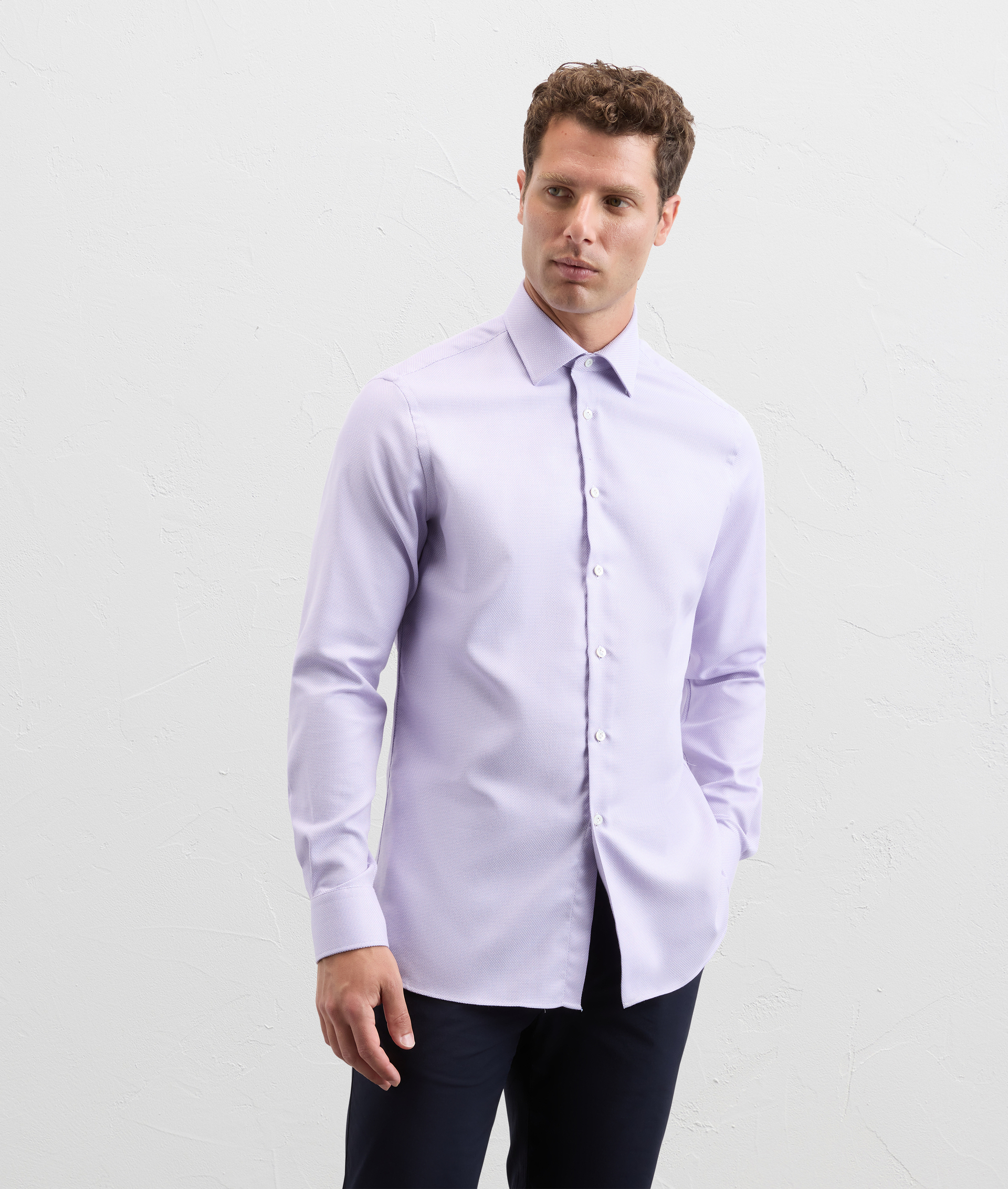 Shirt in cotton and linen with striped pattern and Milano collar purple - Pal Zileri | Official Website