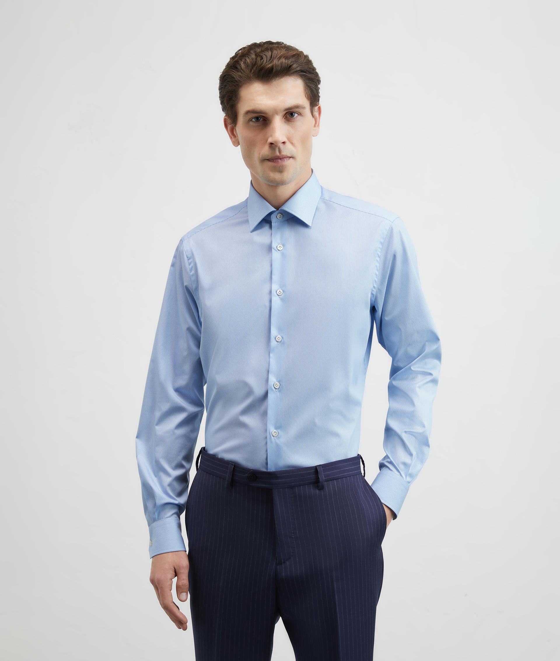 Narrow Striped Shirt In Pure Cotton Milano Collar Light Blue | Pal Zileri