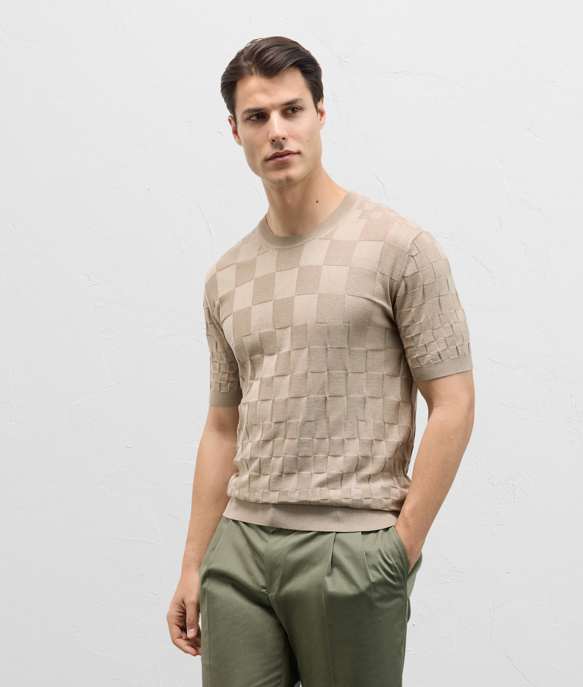 Tshirt In Seta E Cotone Con Quadri A Contrasto Marrone Chiaro | Pal Zileri