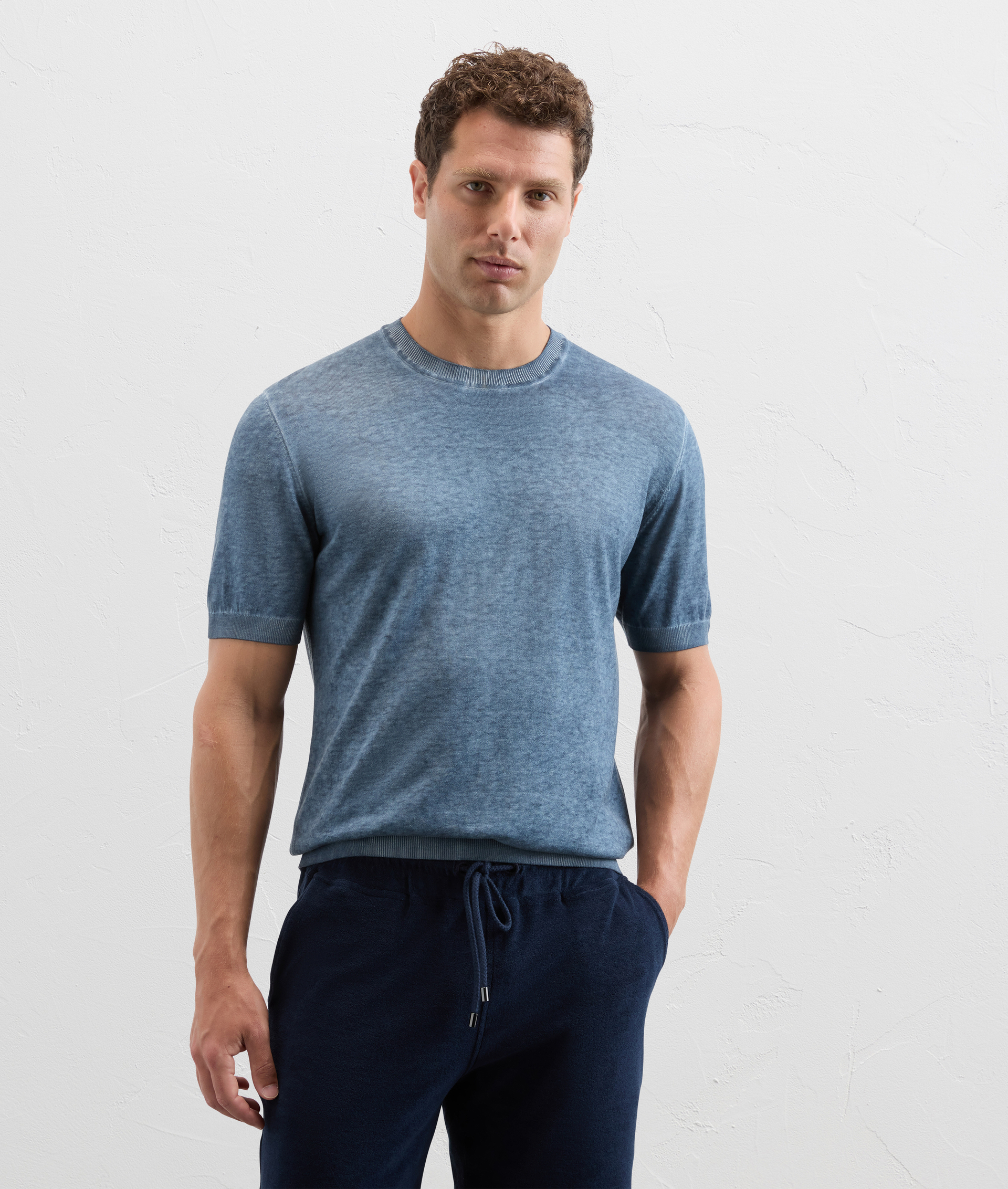 Crewneck Knit Tshirt With Topstitching Light Blue - Pal Zileri | Official Website