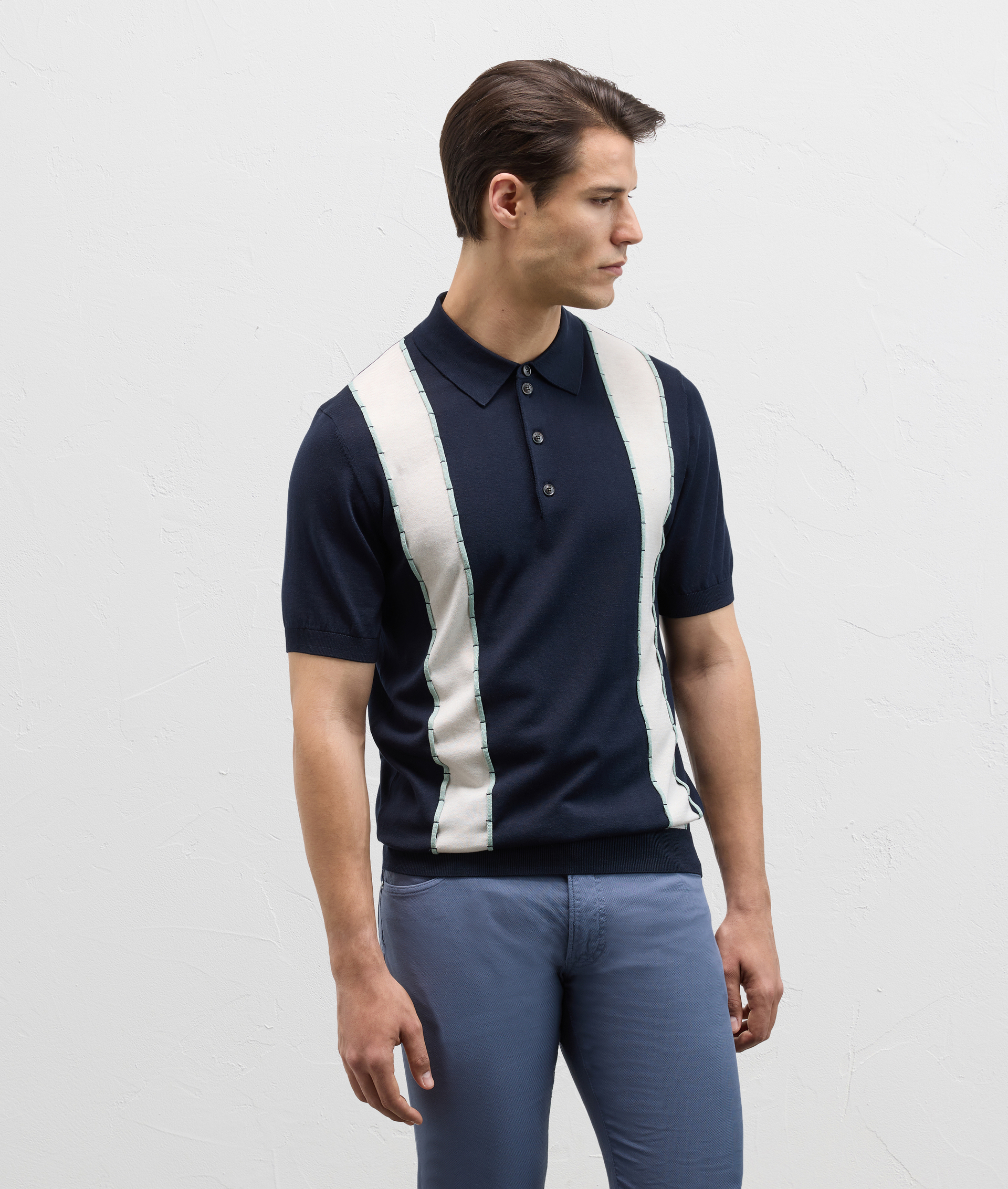 Polo shirt knitted with silk and cotton intarsia navy blue | Pal Zileri