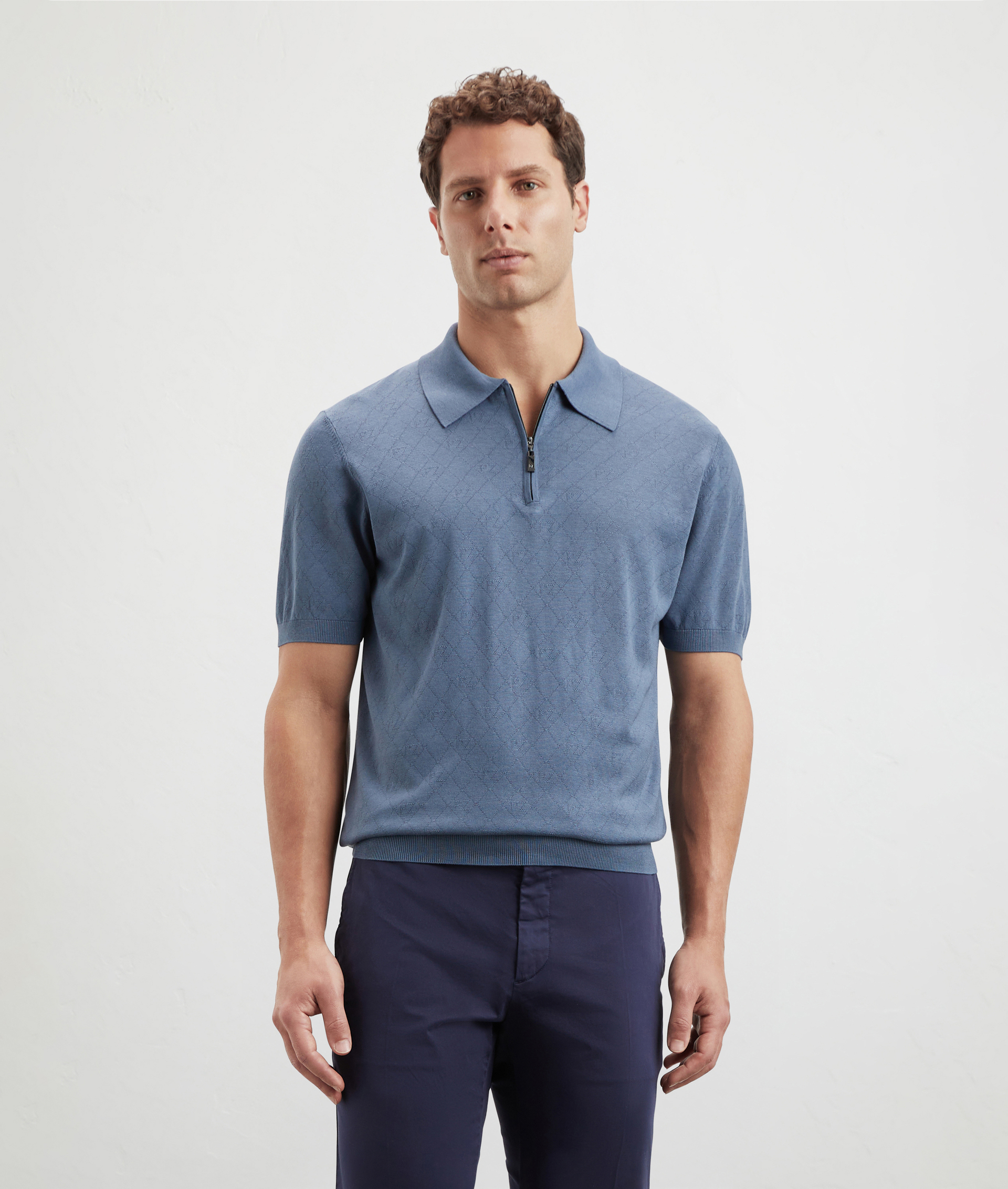 Polo In Maglia Con Motivo Pz In Seta E Cotone Azzurro | Pal Zileri