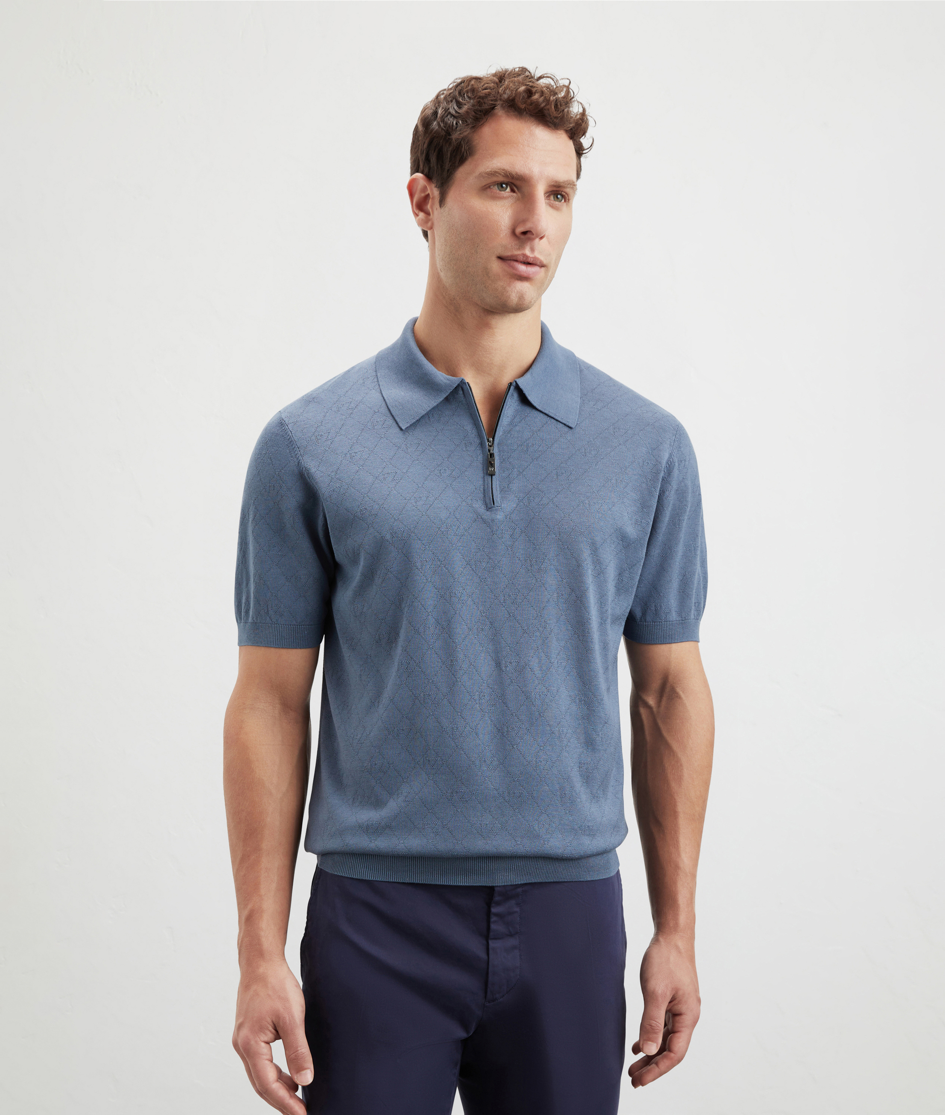 Polo In Maglia Con Motivo Pz In Seta E Cotone Azzurro | Pal Zileri