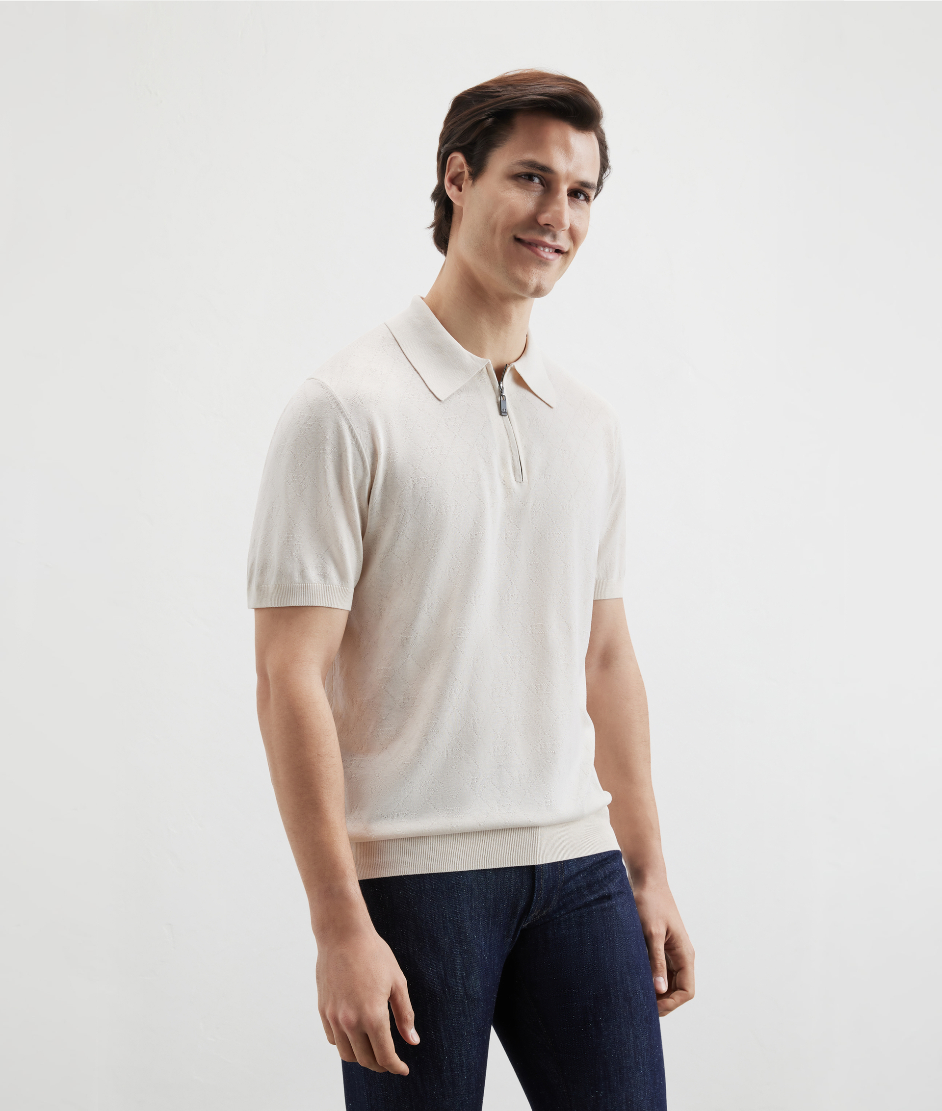 Knit Polo With Pz Pattern In Silk And Cotton White | Pal Zileri
