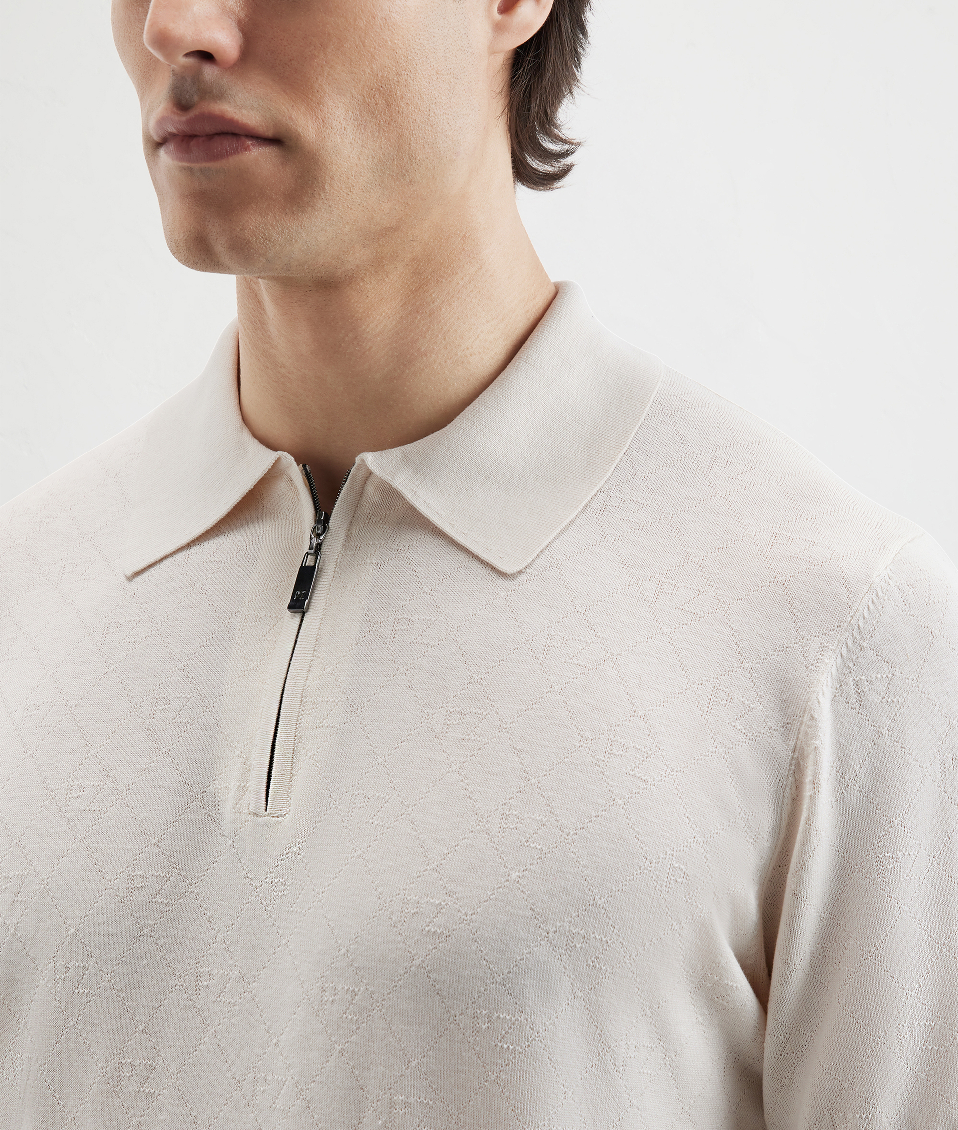 Knit Polo With Pz Pattern In Silk And Cotton White | Pal Zileri