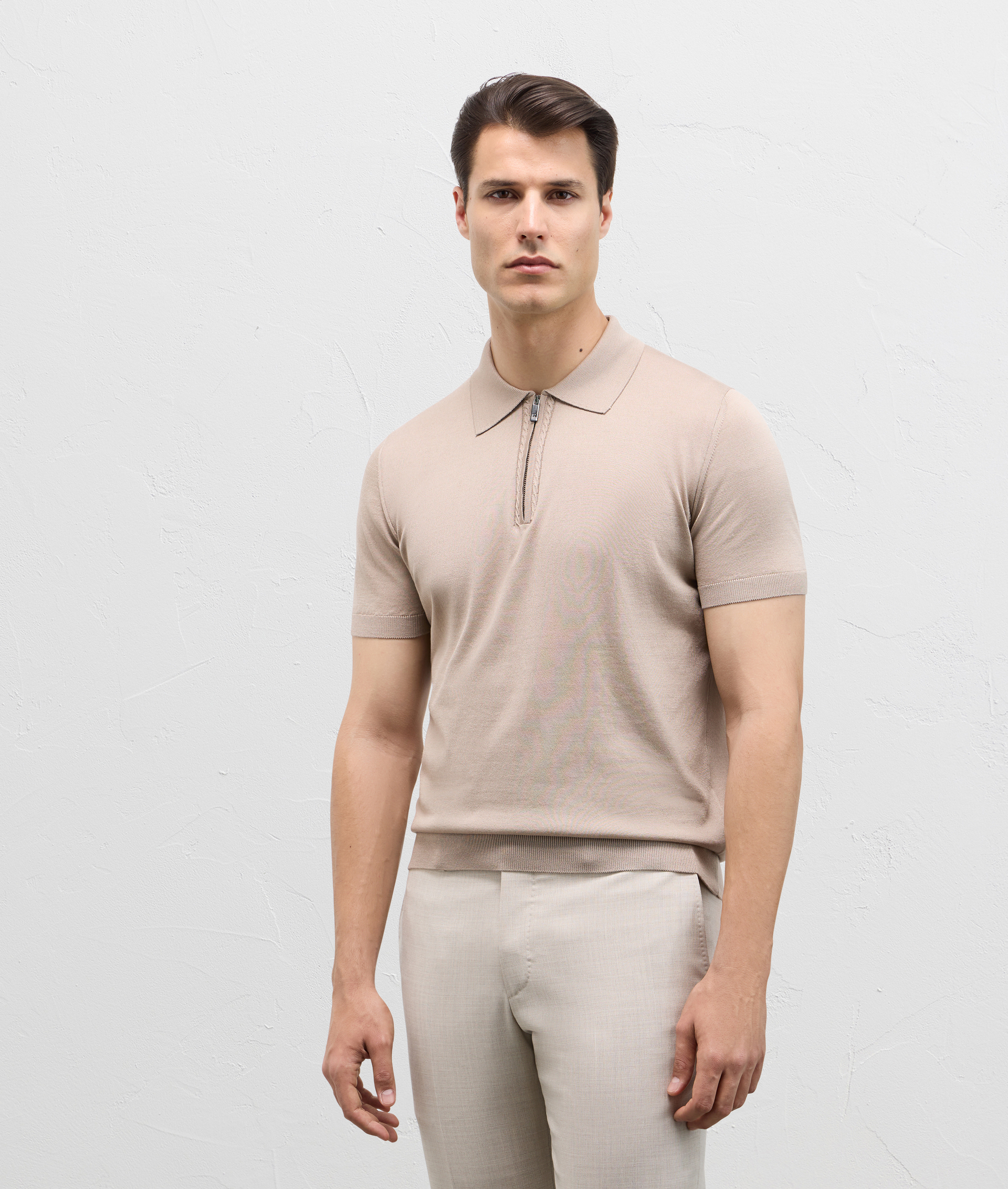 Knit Polo With Zip In Silk And Cotton Light Brown | Pal Zileri