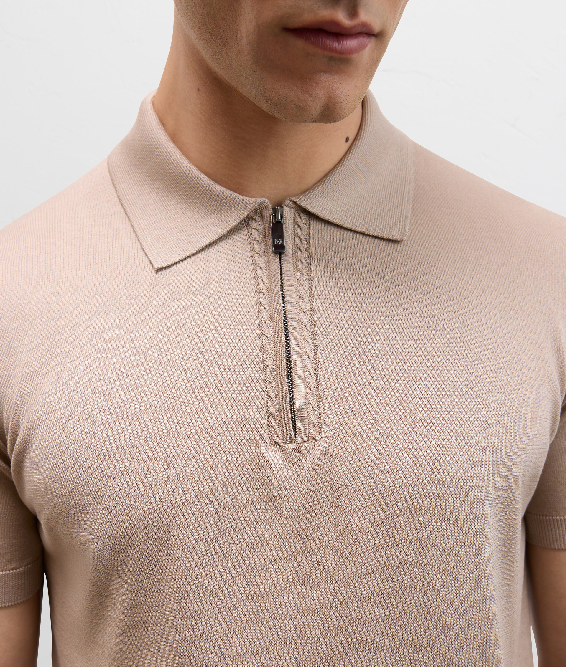 Knit Polo With Zip In Silk And Cotton Light Brown | Pal Zileri