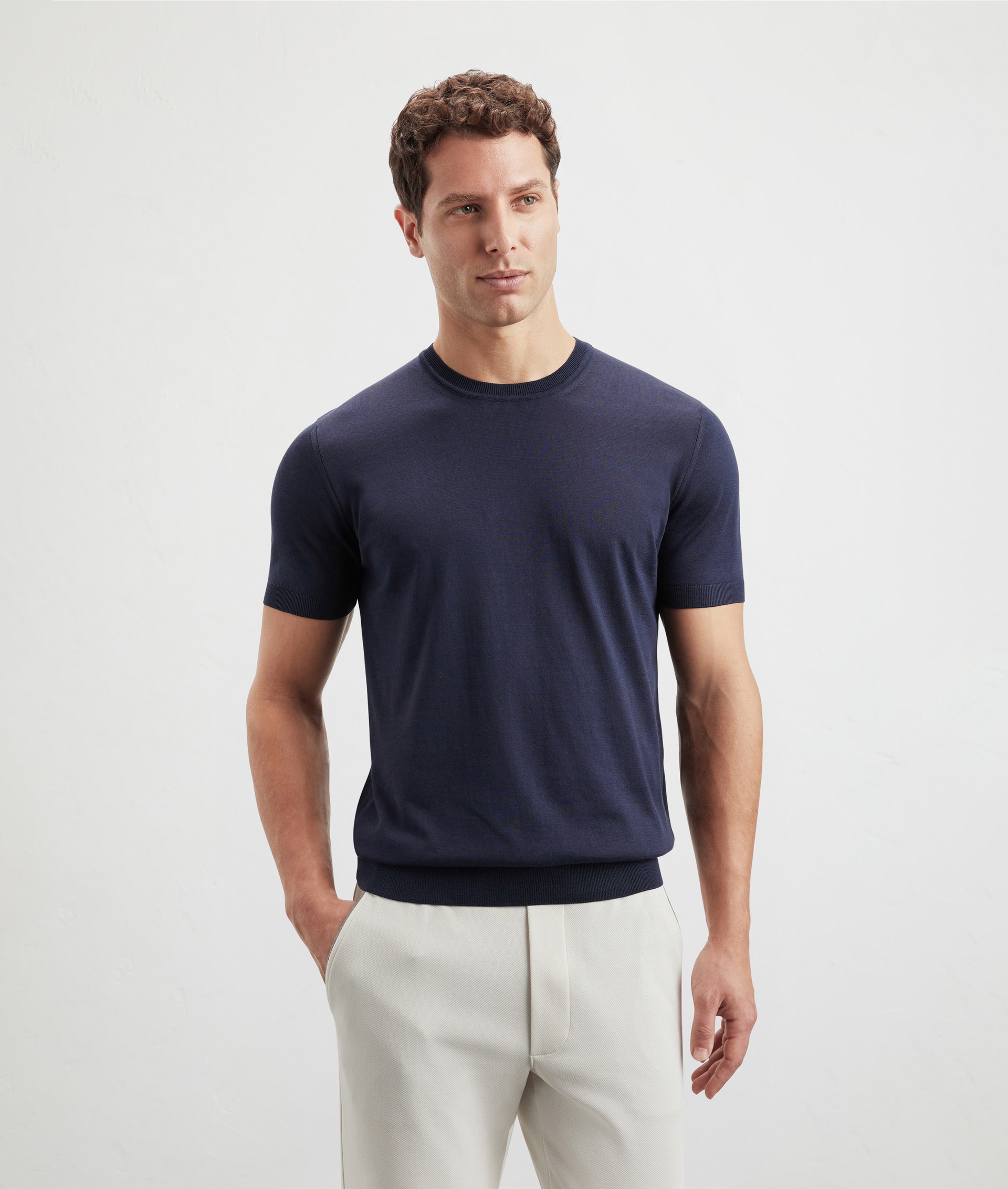 Crewneck Sweater In Silk And Cotton Jersey Blue Navy | Pal Zileri