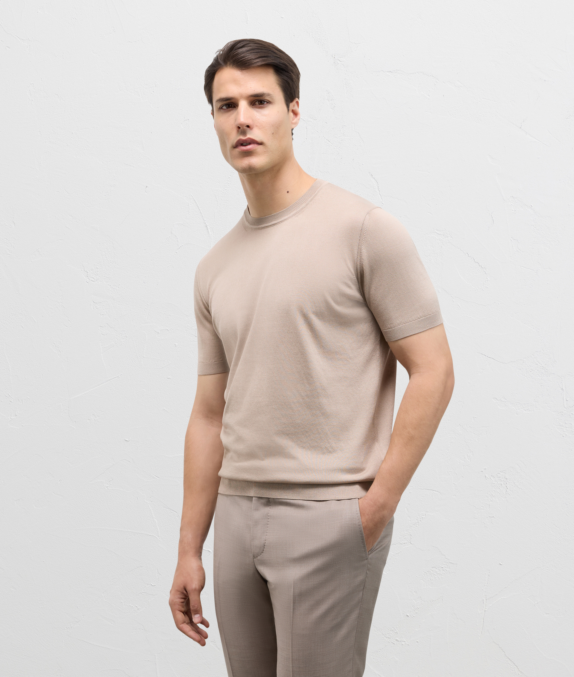 Crewneck Sweater In Silk And Cotton Jersey Light Brown | Pal Zileri