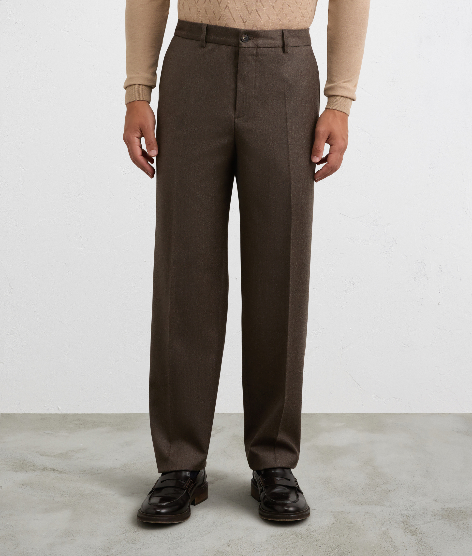 brown men trousers with belt in melange wool and cashmere flannel | Pal Zileri