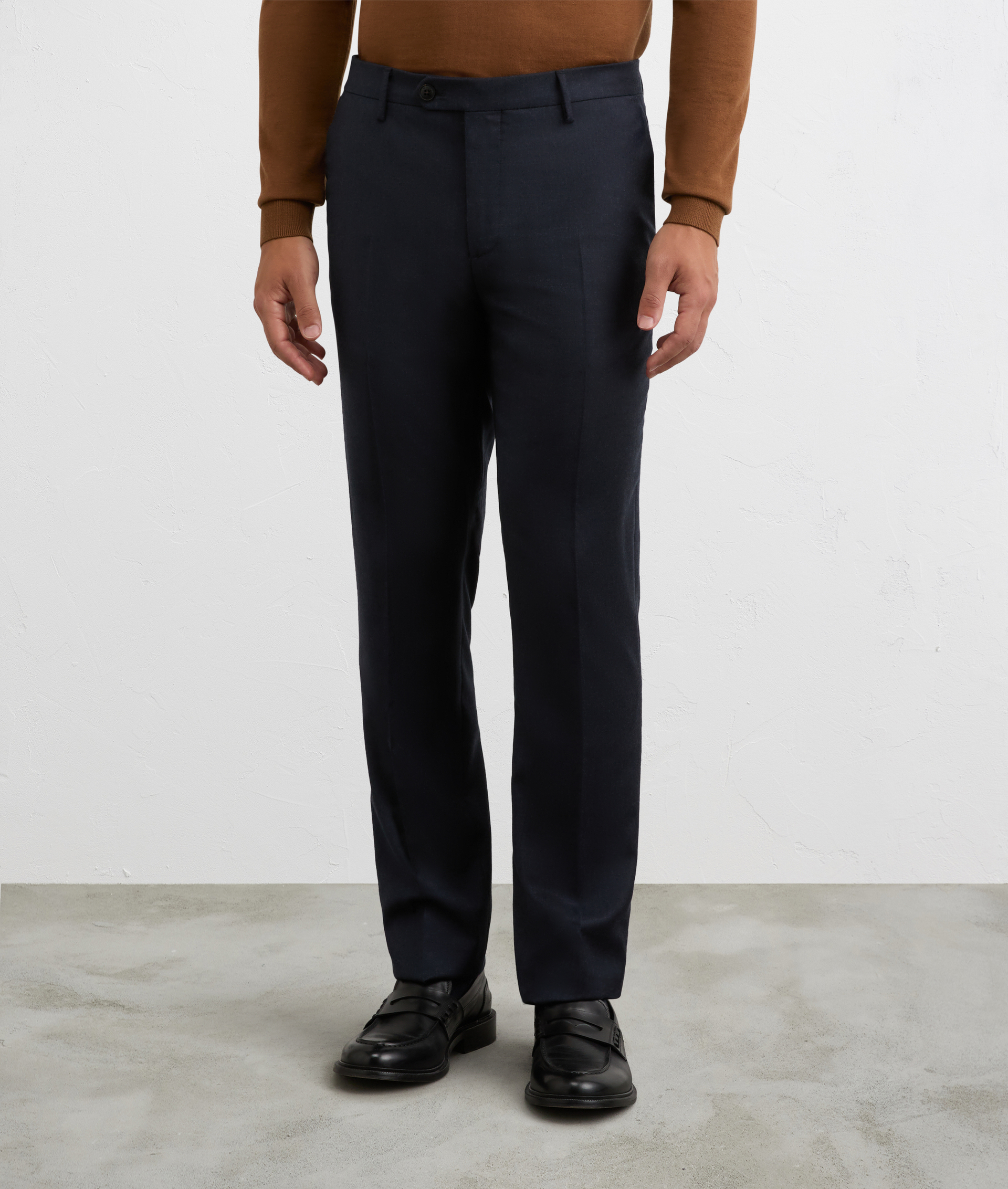men blue chino trousers flat front in pure wool flannel melange | Pal Zileri