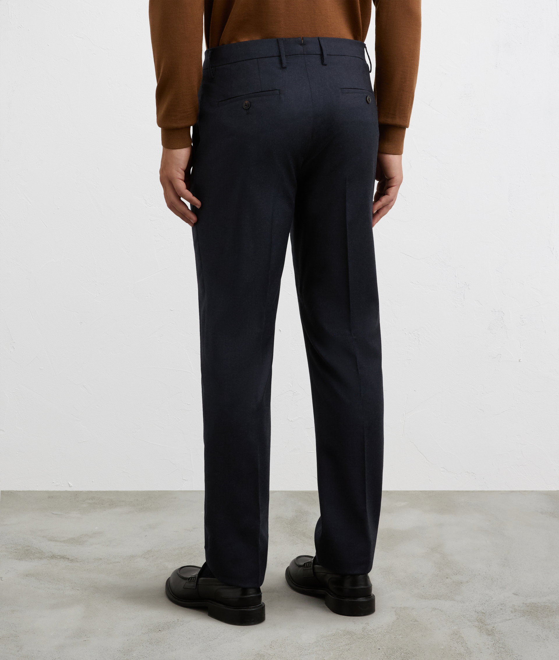 men blue chino trousers flat front in pure wool flannel melange | Pal Zileri