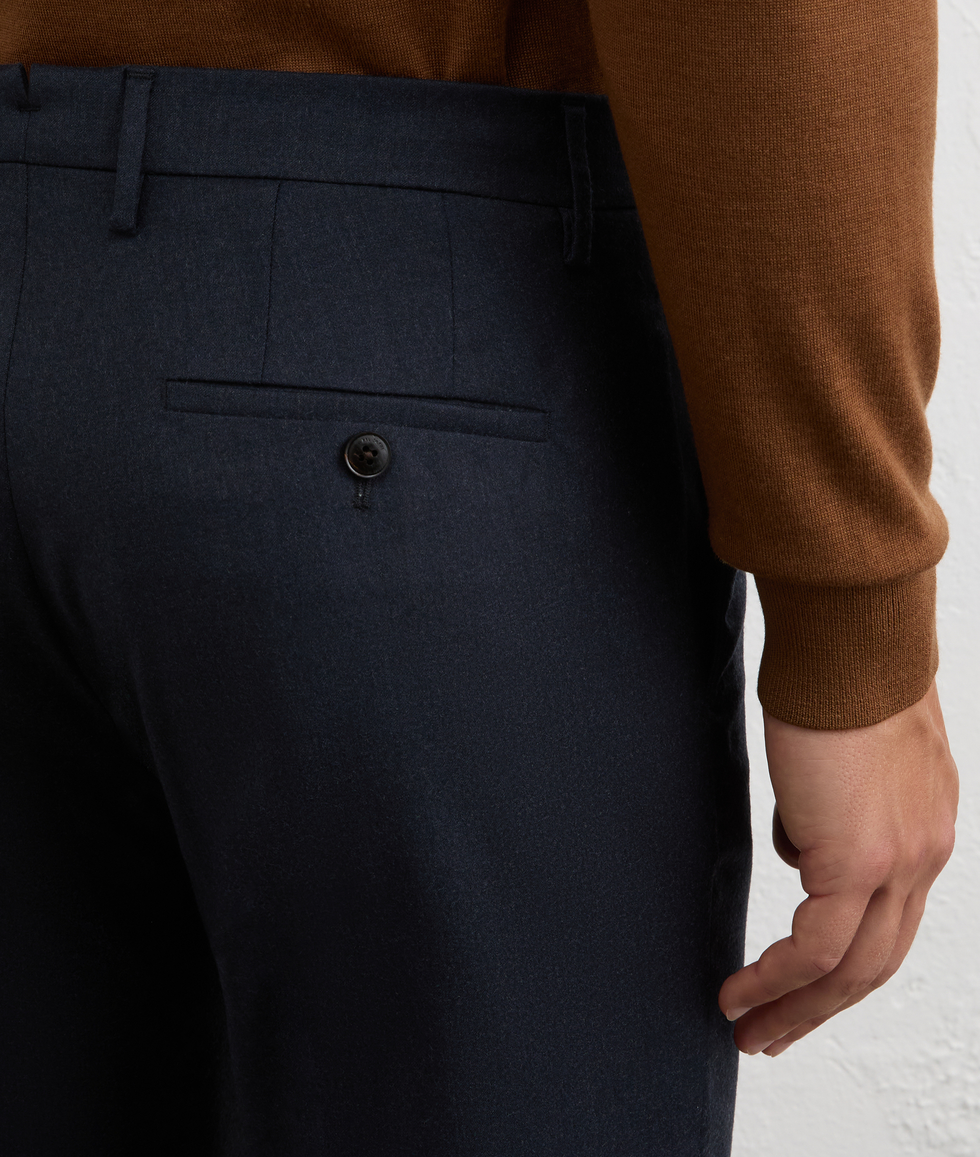 men blue chino trousers flat front in pure wool flannel melange | Pal Zileri