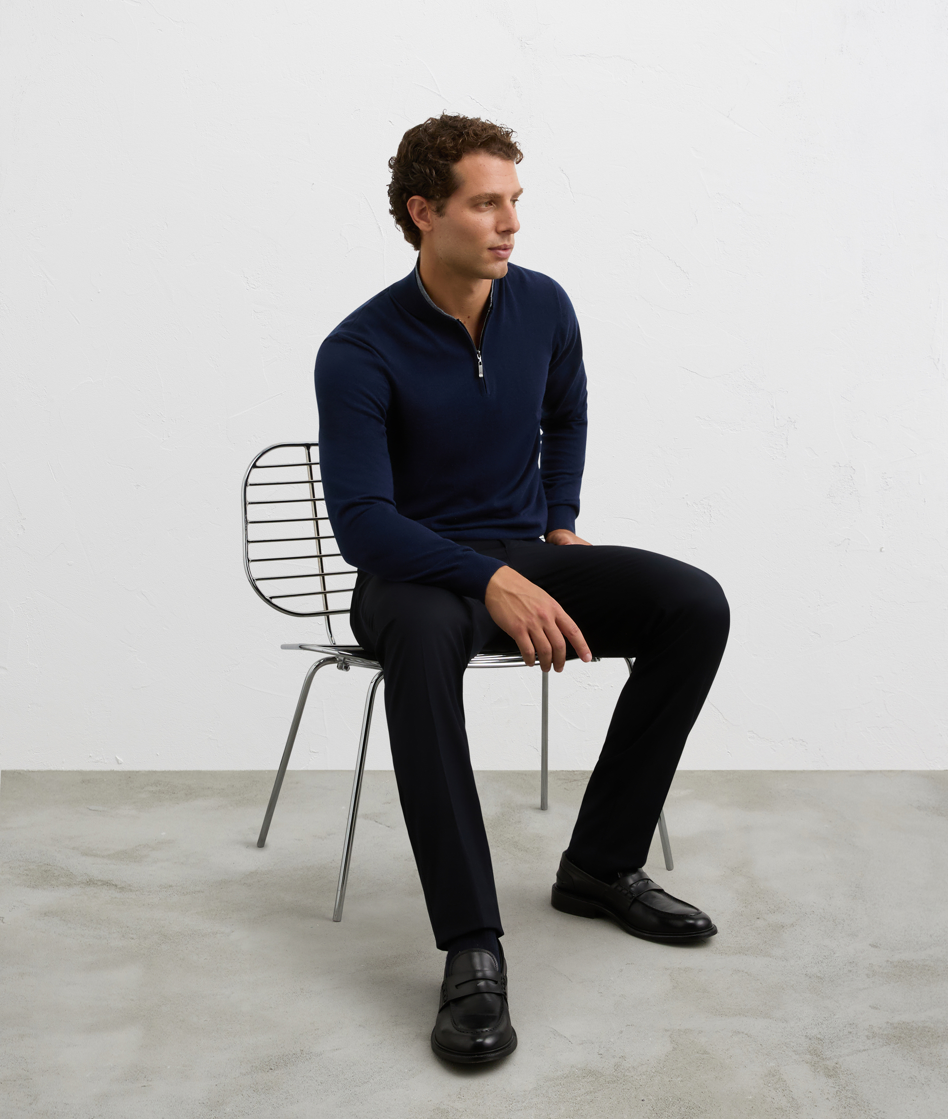 navy blue flat front chinos in cotton and lyocell | Pal Zileri