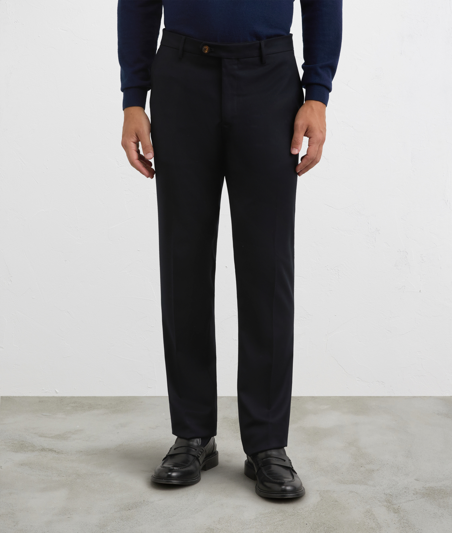 navy blue flat front chinos in cotton and lyocell | Pal Zileri