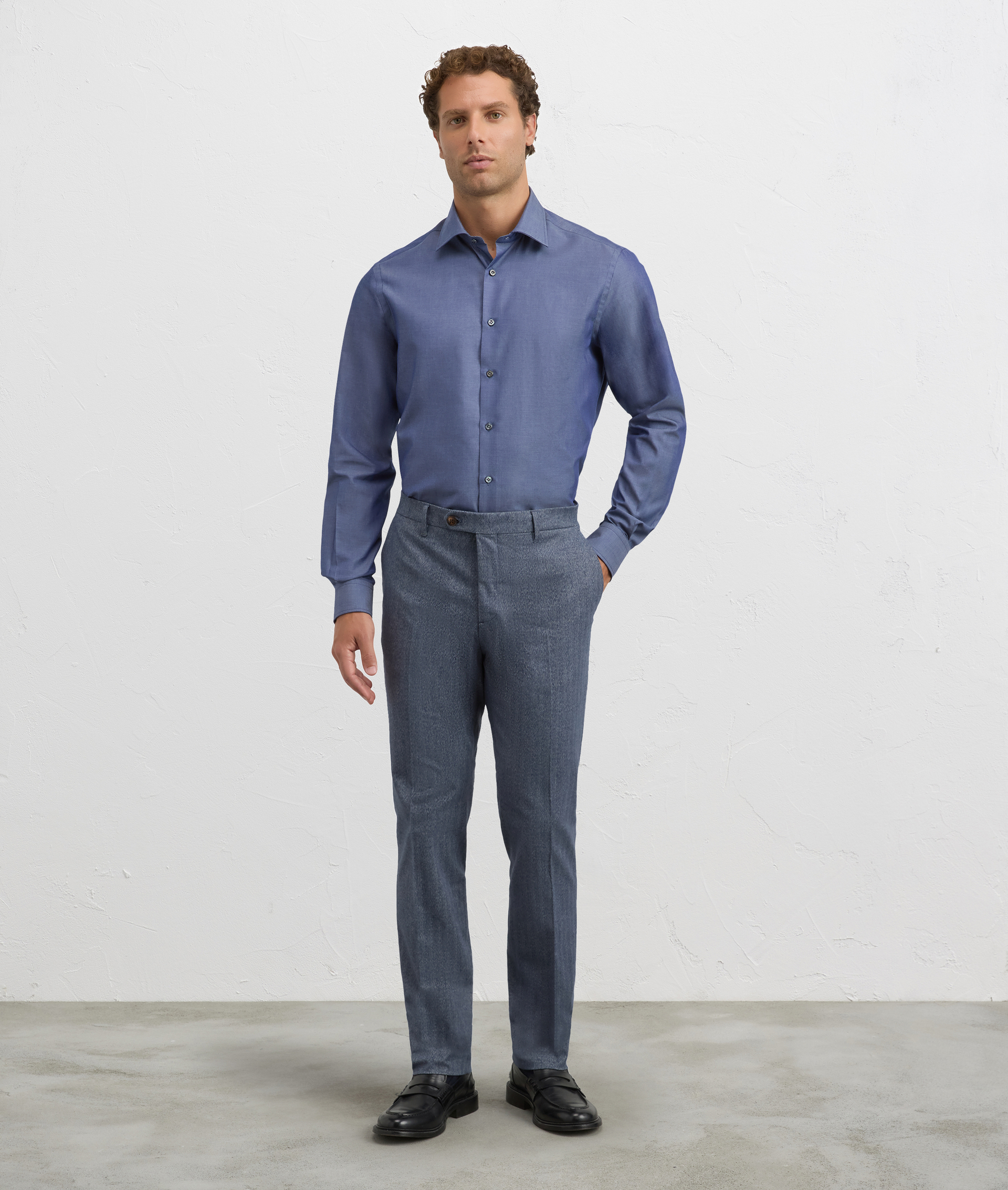 chino flat front trousers in blue cotton and cashmere herringbone fabric | Pal Zileri