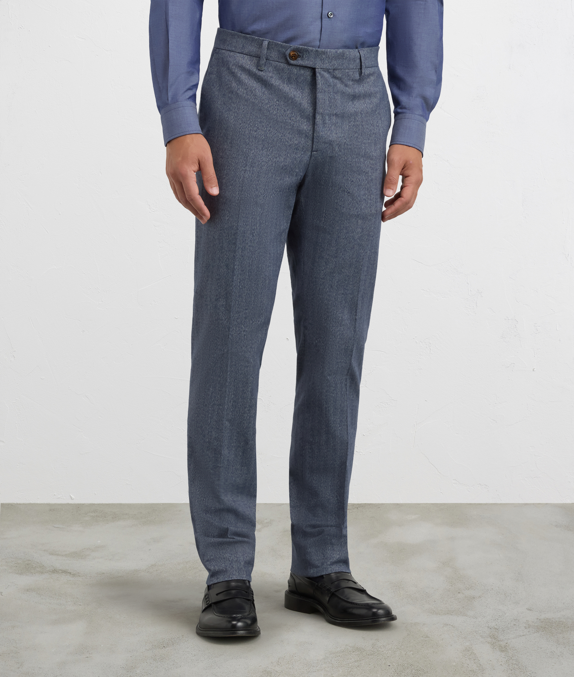 chino flat front trousers in blue cotton and cashmere herringbone fabric | Pal Zileri
