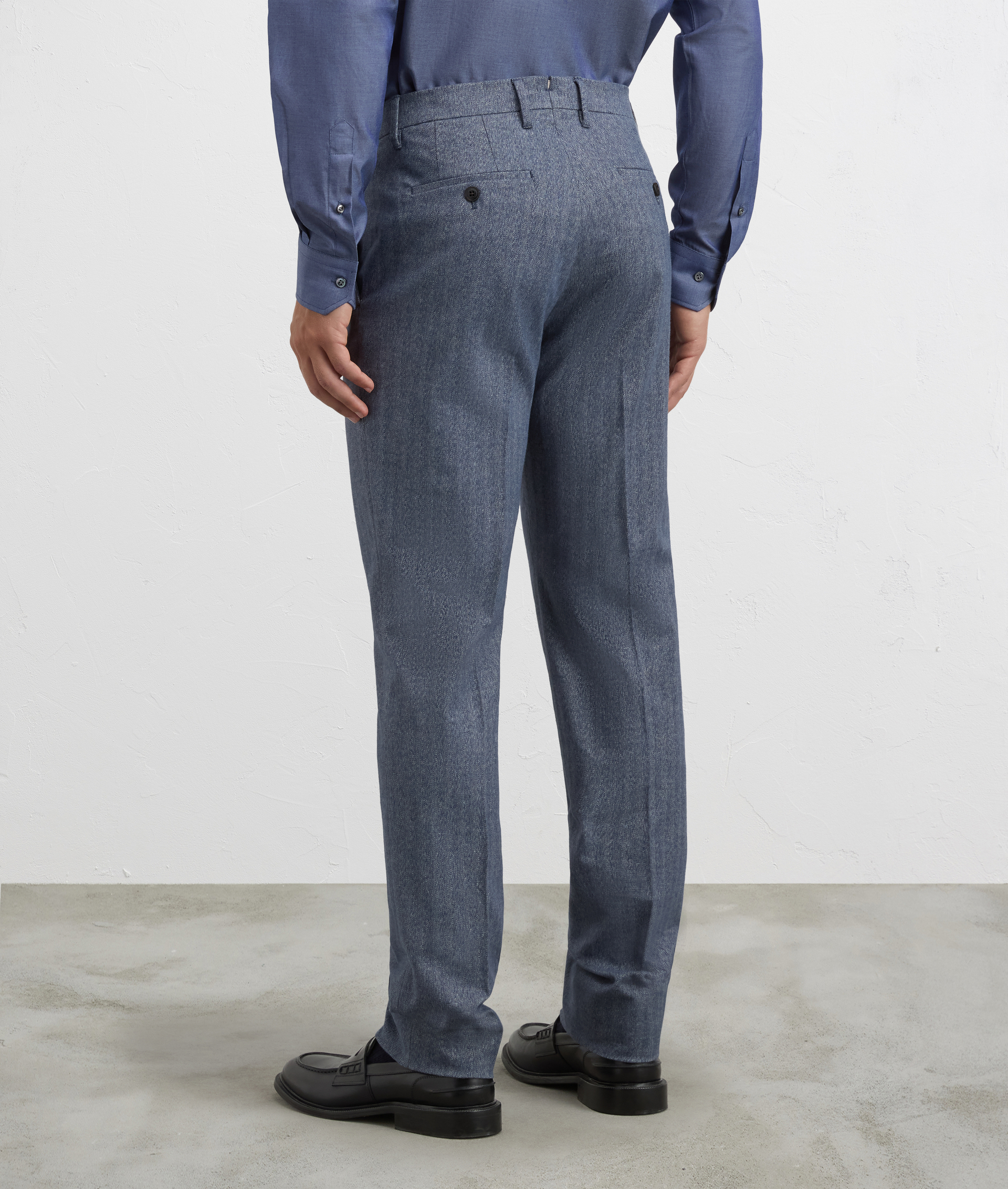 chino flat front trousers in blue cotton and cashmere herringbone fabric | Pal Zileri