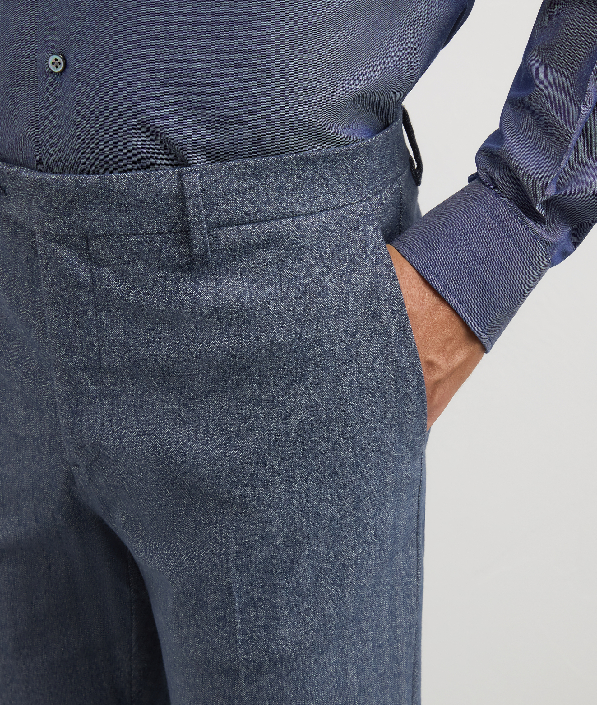 chino flat front trousers in blue cotton and cashmere herringbone fabric | Pal Zileri