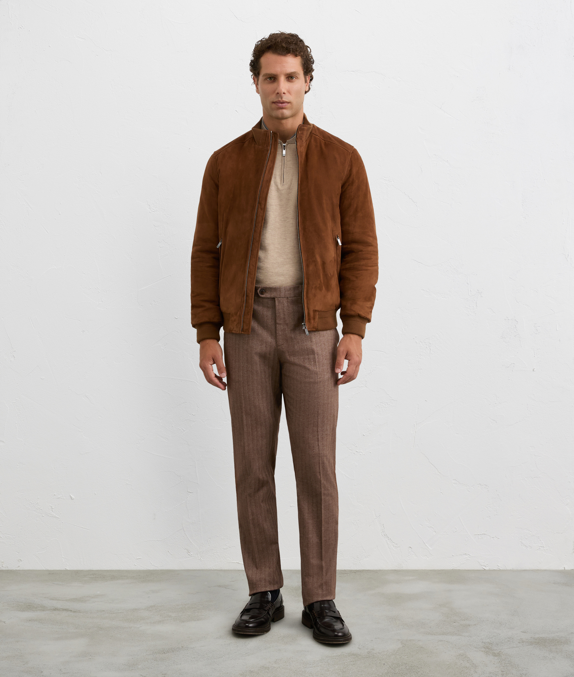 chino flat front trousers in brown cotton and cashmere herringbone fabric | Pal Zileri