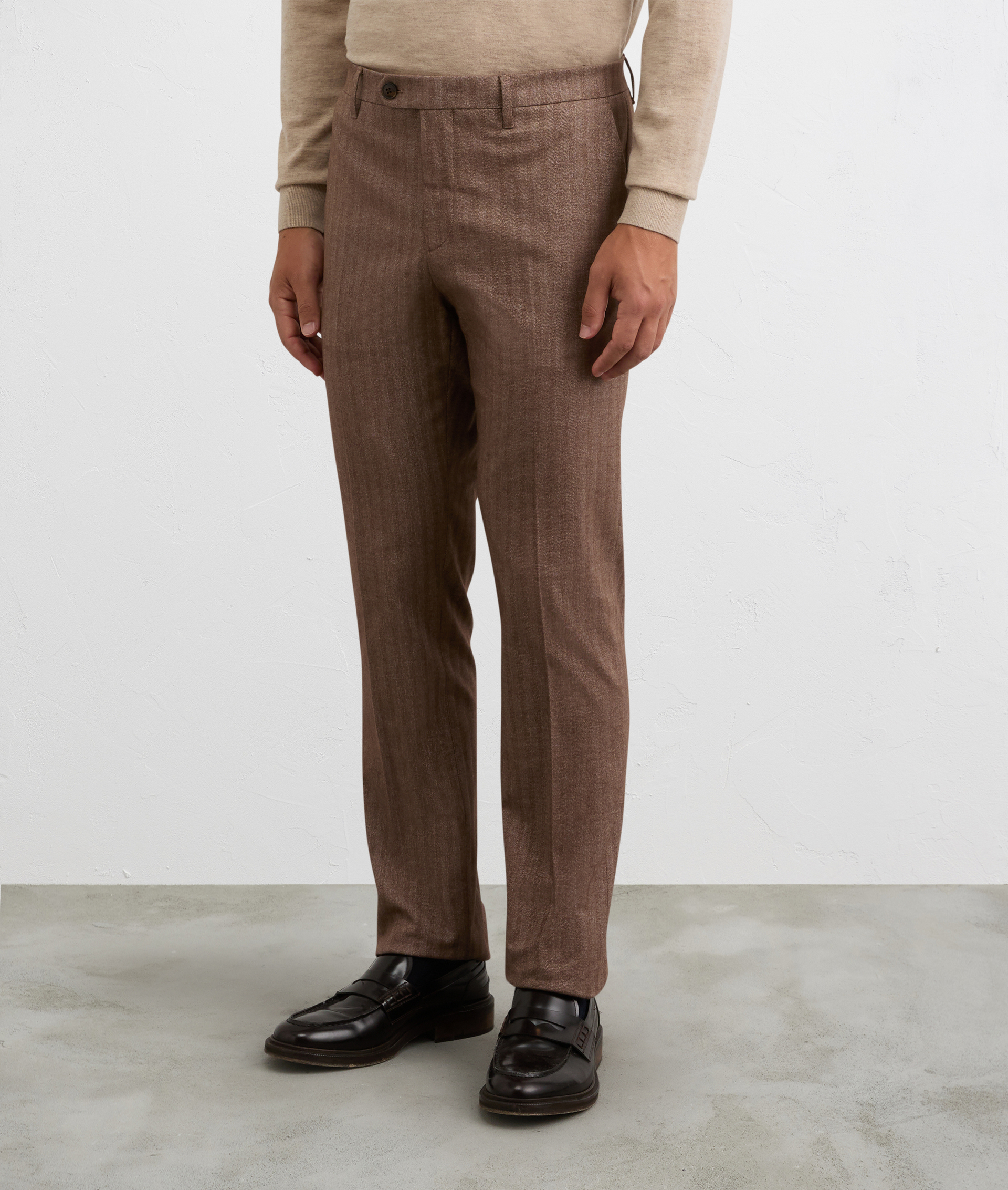 chino flat front trousers in brown cotton and cashmere herringbone fabric | Pal Zileri