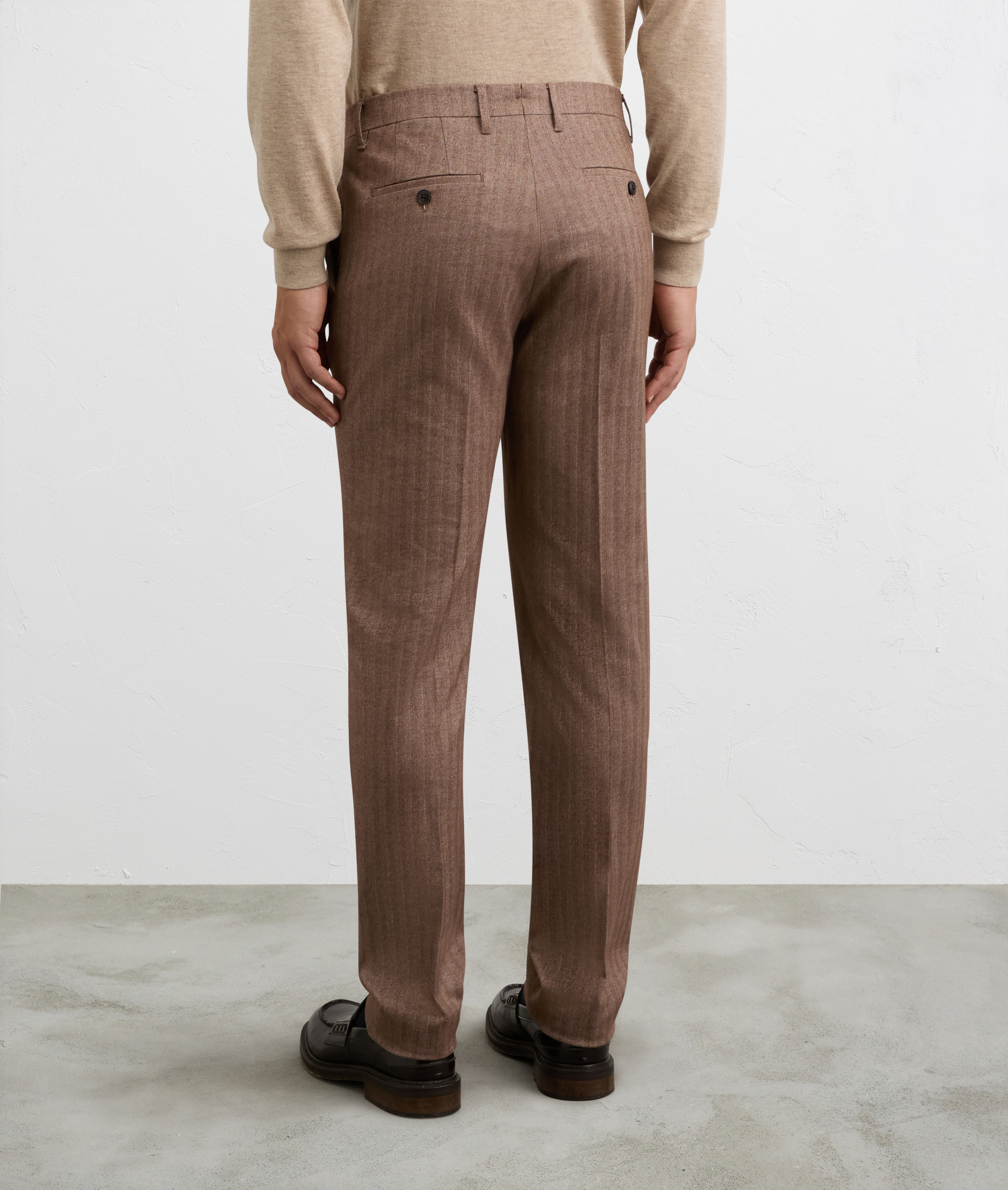 chino flat front trousers in brown cotton and cashmere herringbone fabric | Pal Zileri