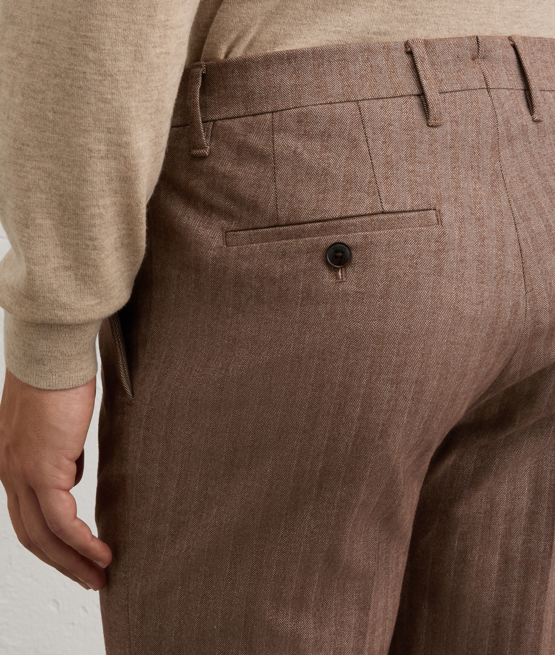 chino flat front trousers in brown cotton and cashmere herringbone fabric | Pal Zileri