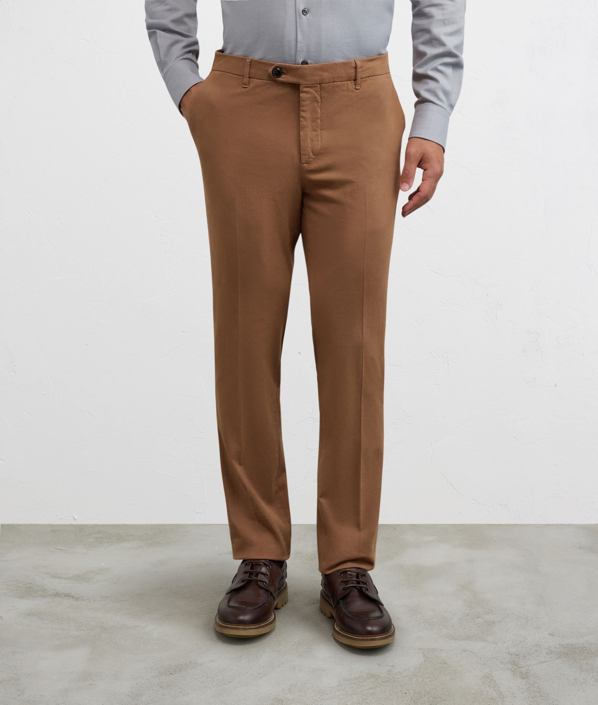 chino flat front with 1eight cm hem in soft garment dyed brown gabardine - Pal Zileri | Official Website