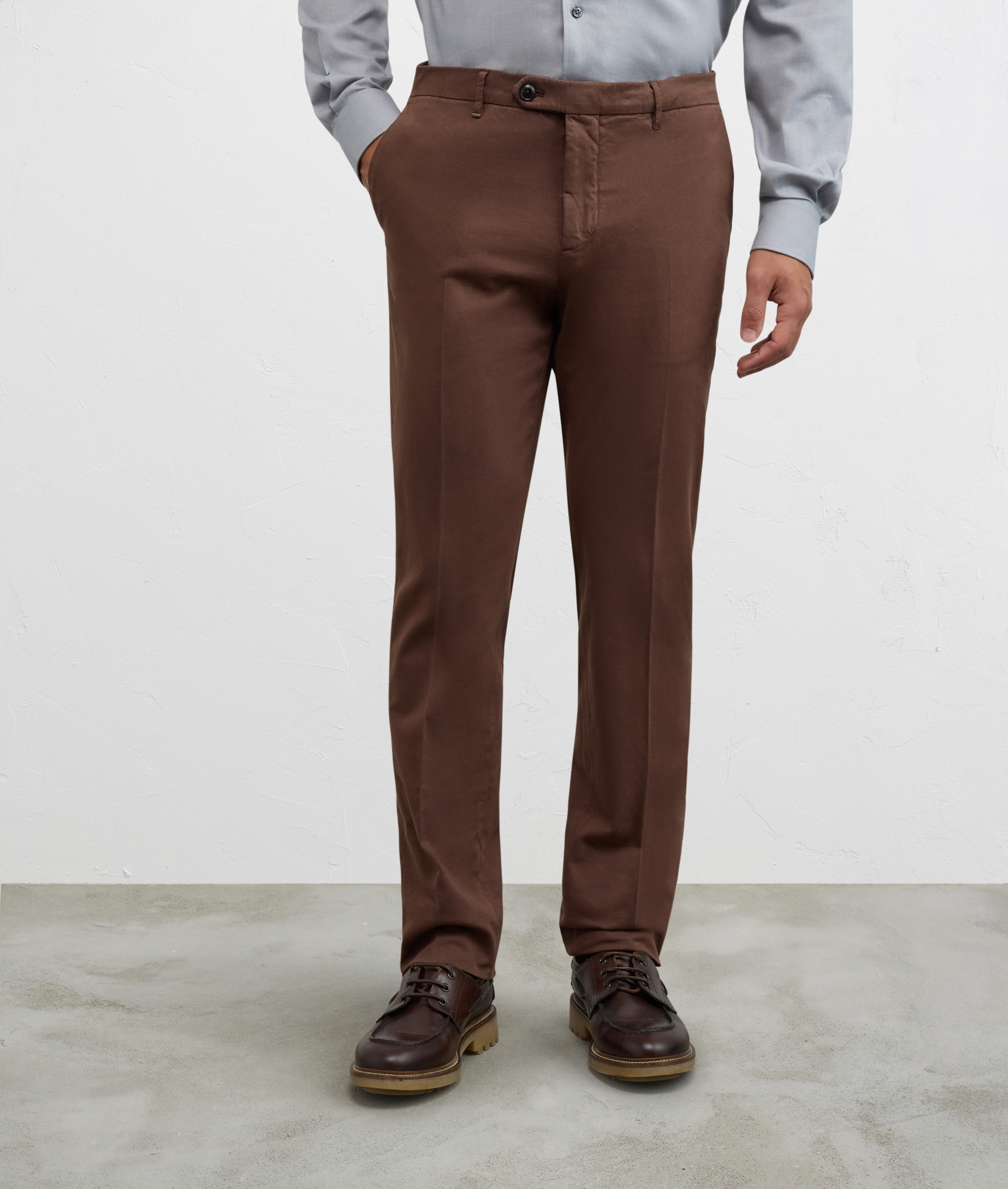 chino flat front with 1eight cm hem in soft garment dyed brown gabardine - Pal Zileri | Official Website