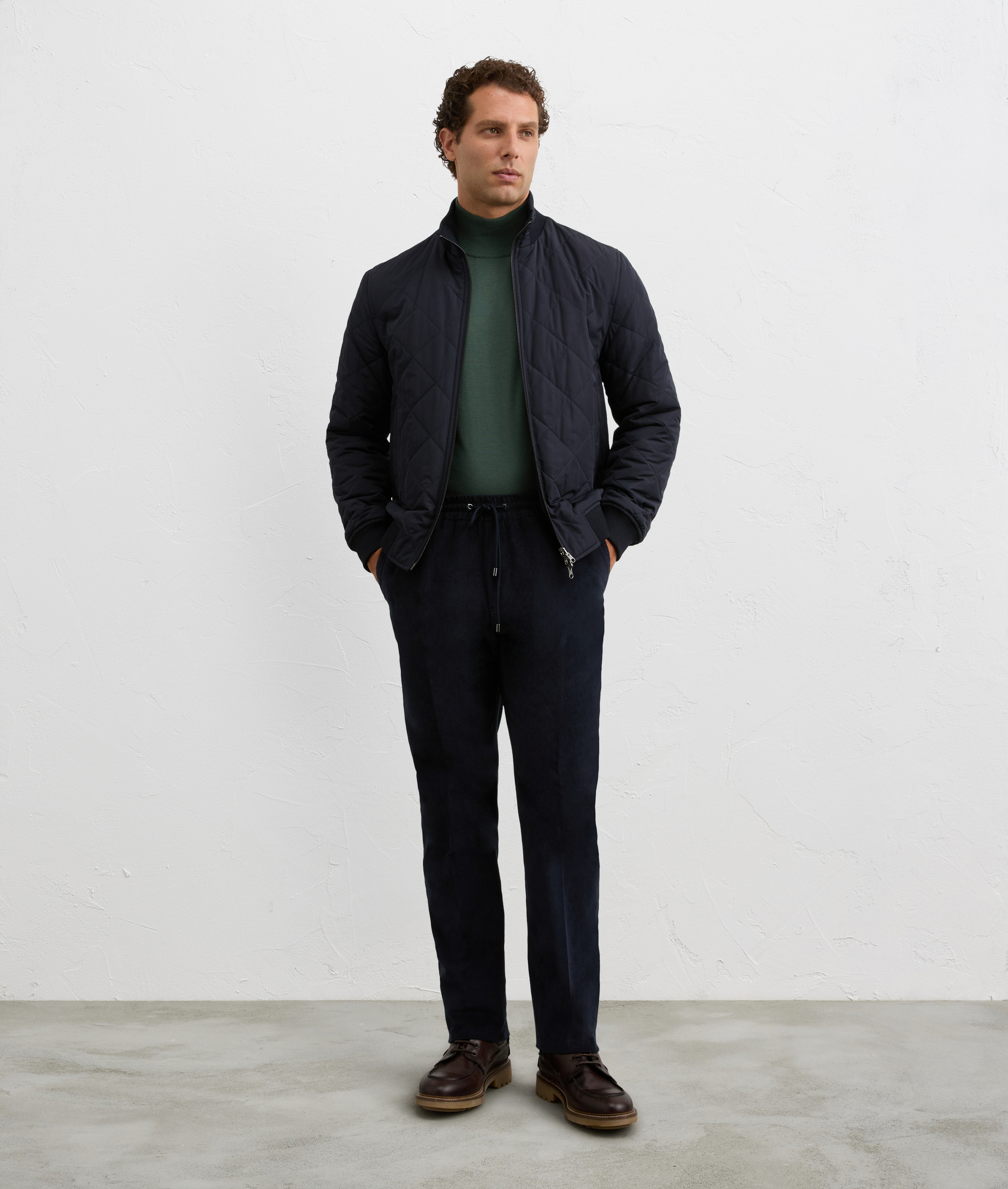 navy blue striped velvet drawstring trousers in cotton and elastane | Pal Zileri