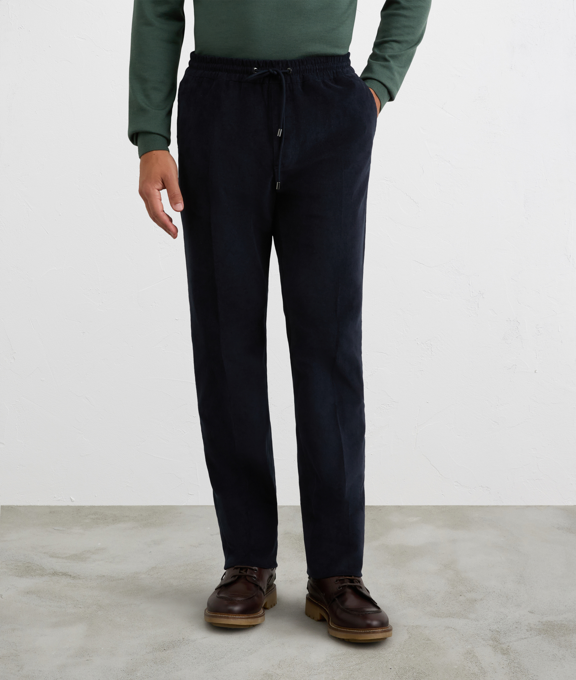 navy blue striped velvet drawstring trousers in cotton and elastane | Pal Zileri