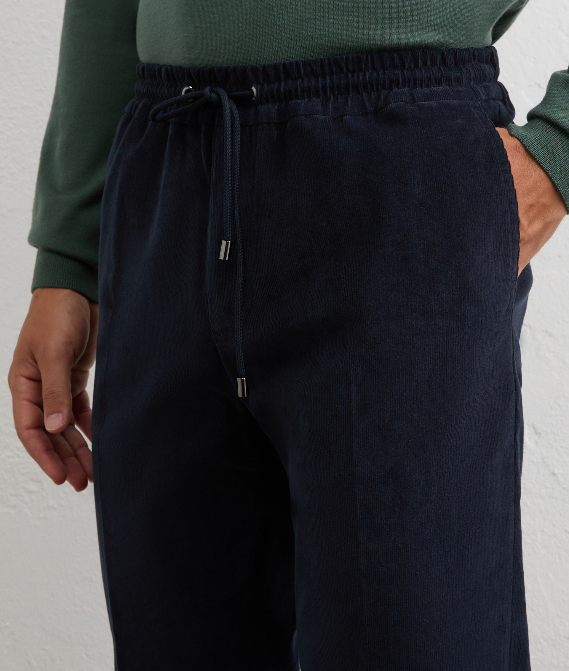 navy blue striped velvet drawstring trousers in cotton and elastane | Pal Zileri