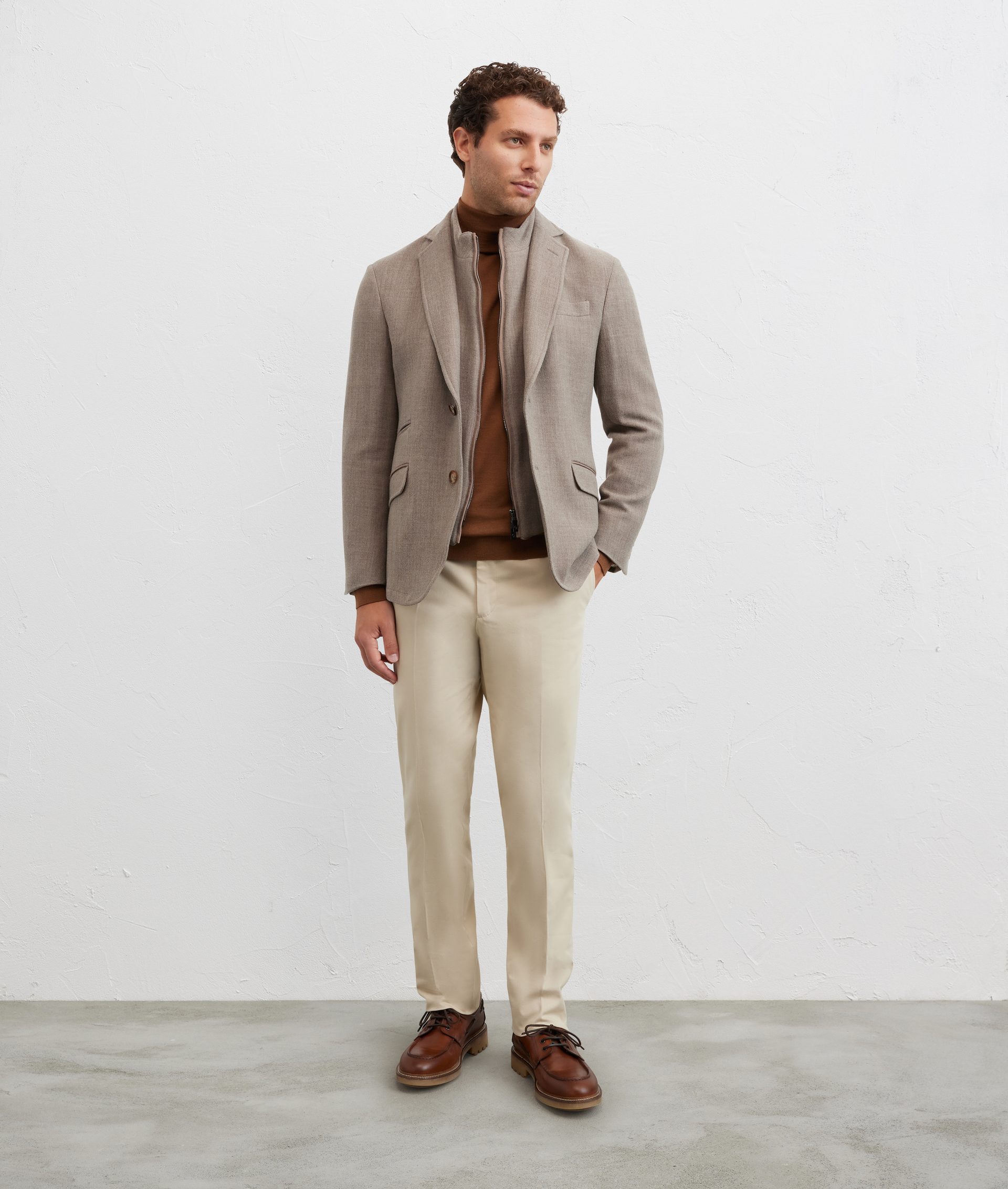 light brown single breasted jacket in stretch wool and cashmere with leather details - Pal Zileri | Official Website