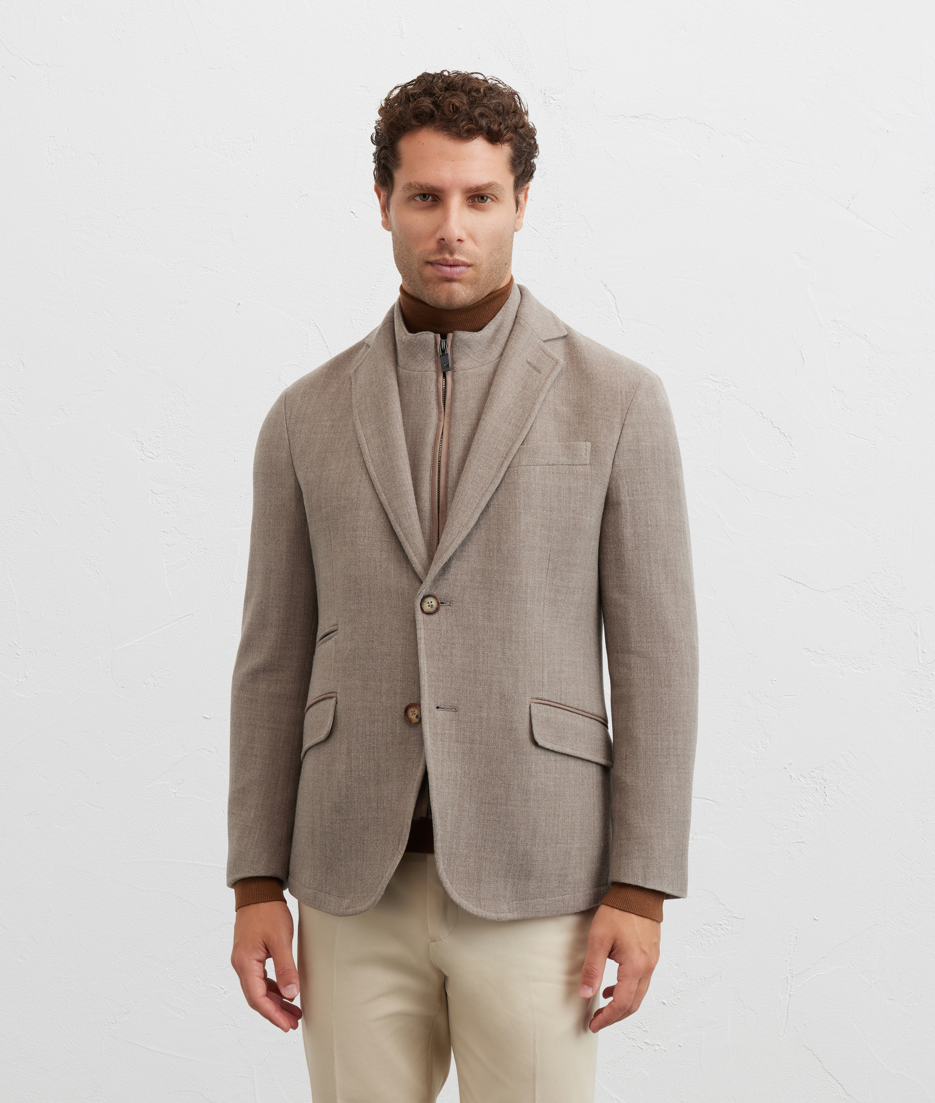 light brown single breasted jacket in stretch wool and cashmere with leather details - Pal Zileri | Official Website